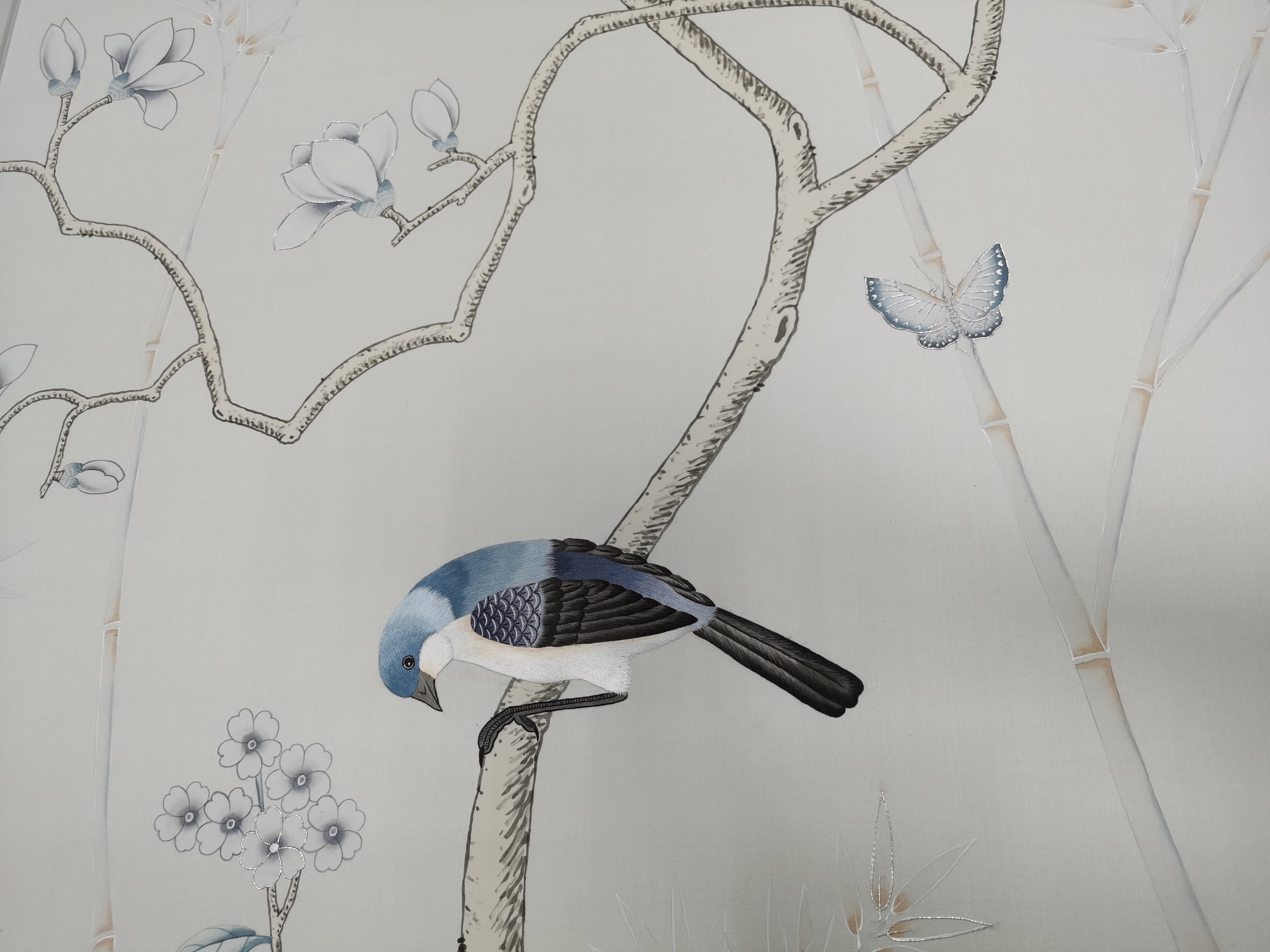 Chinoiserie Handpainted Wallpaper on Light Grey Silk SP-15 with Partial Hand Embroidery Custom Size Available