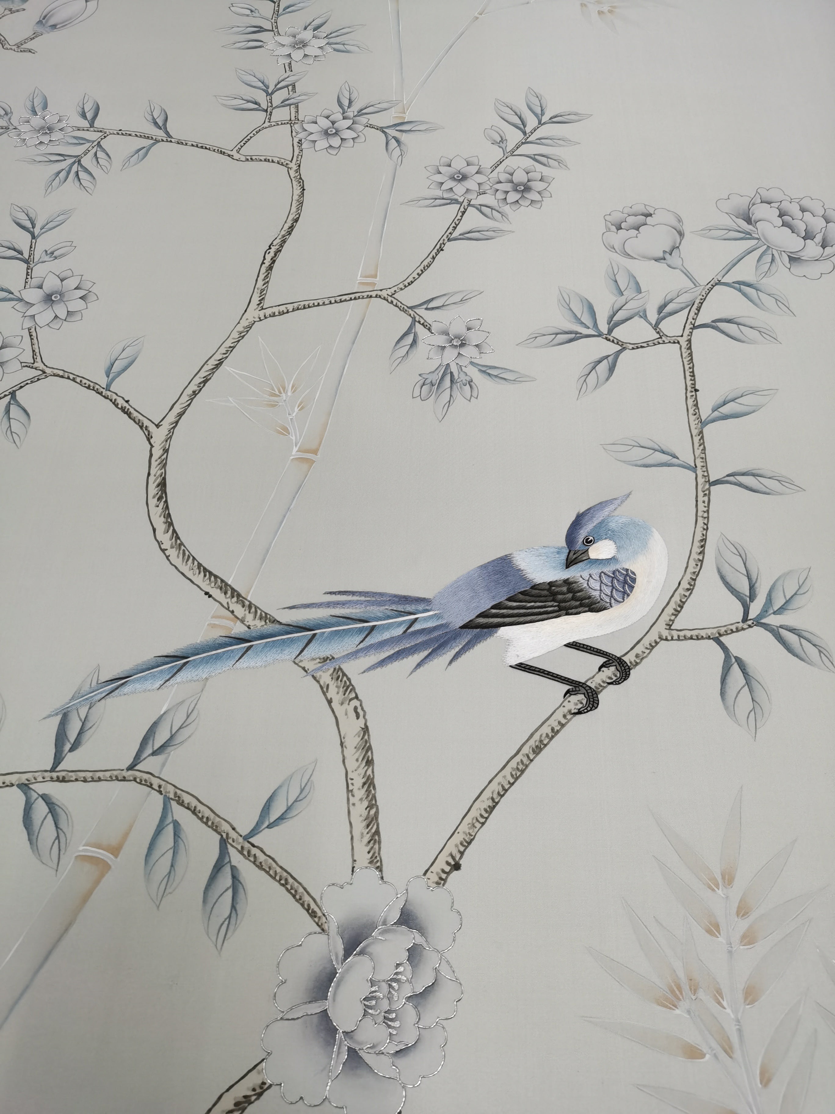 Chinoiserie Handpainted Wallpaper on Light Grey Silk SP-15 with Partial Hand Embroidery Custom Size Available