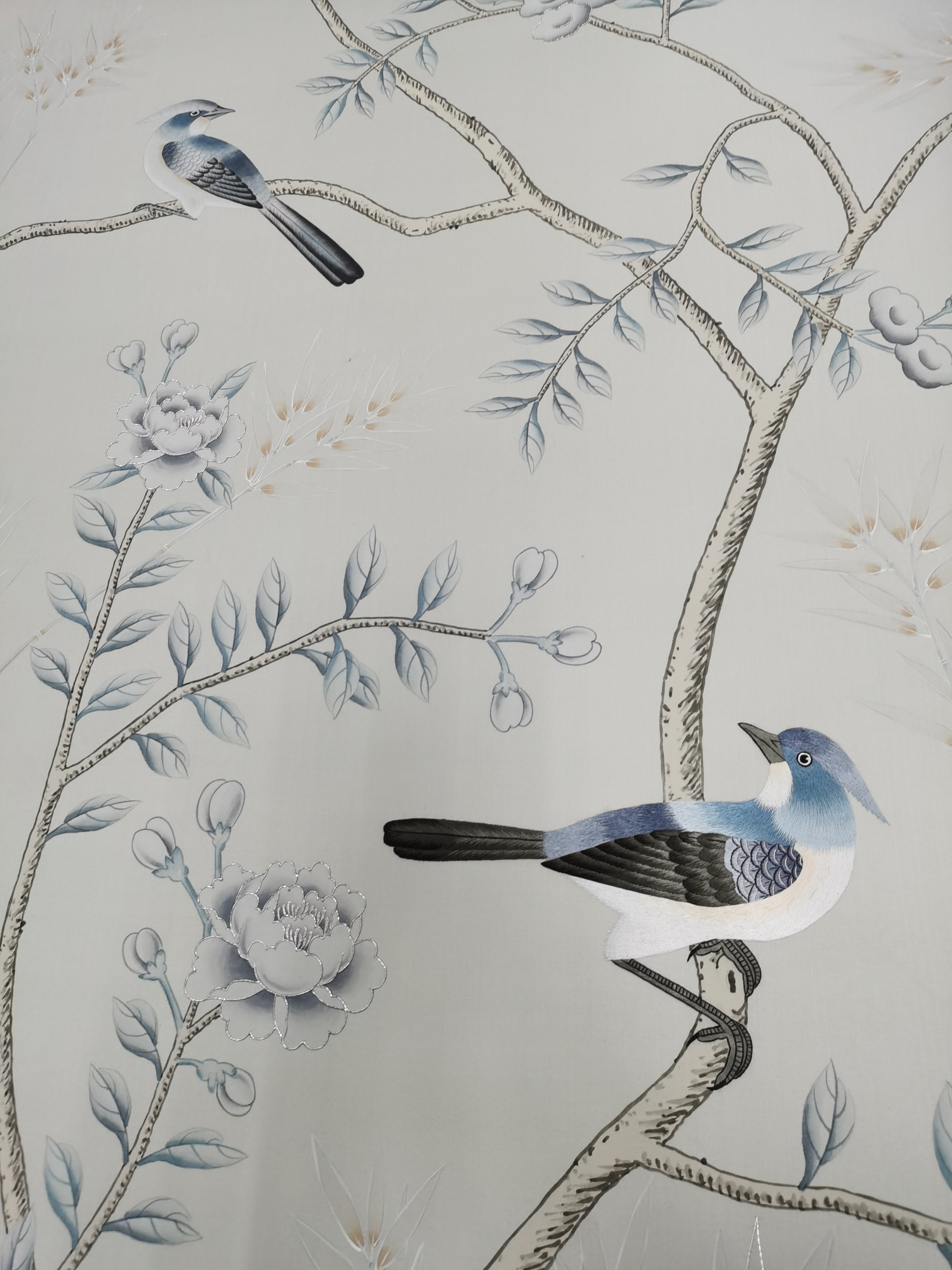 Chinoiserie Handpainted Wallpaper on Light Grey Silk SP-15 with Partial Hand Embroidery Custom Size Available