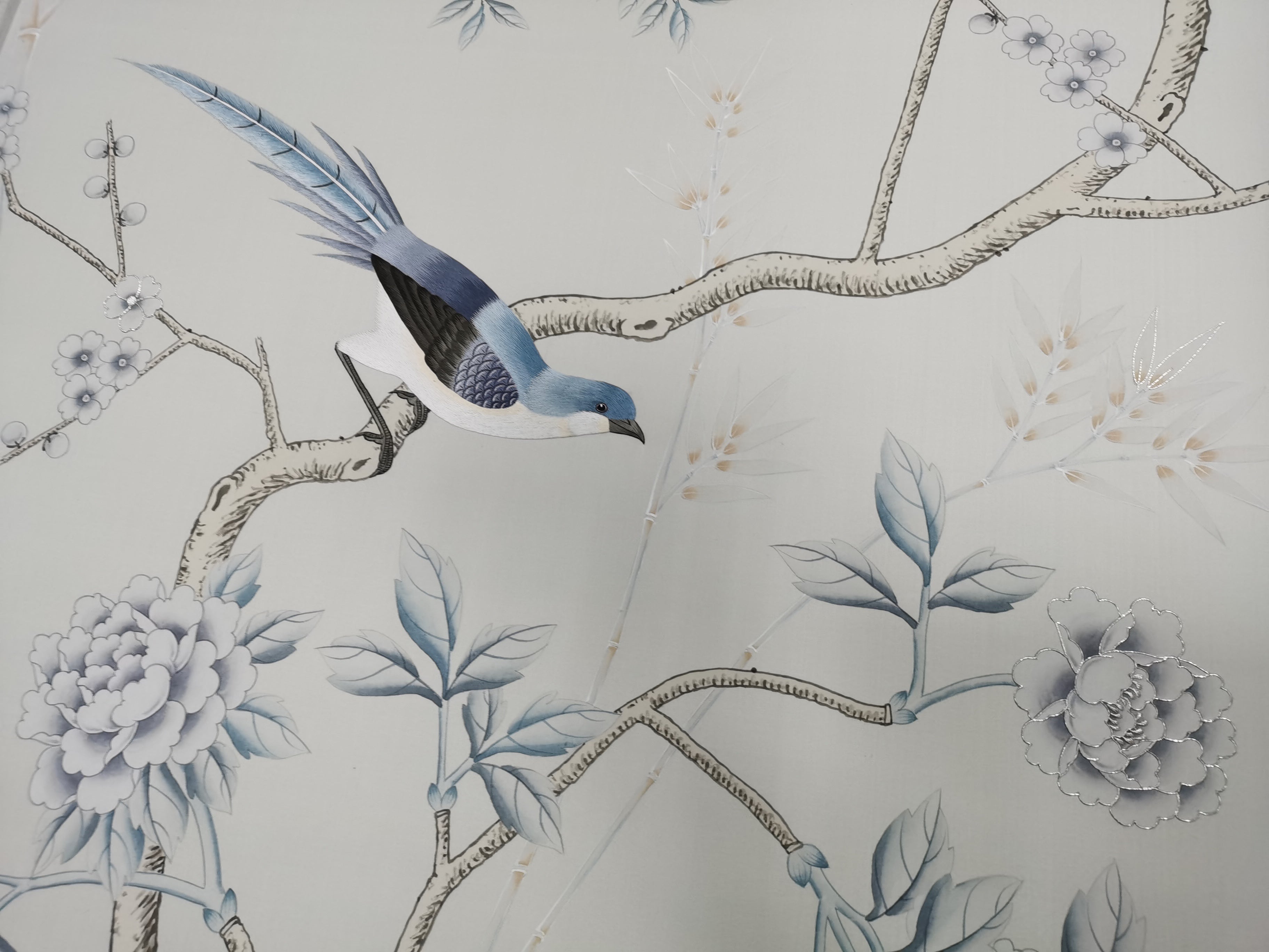 Chinoiserie Handpainted Wallpaper on Light Grey Silk SP-15 with Partial Hand Embroidery Custom Size Available