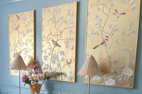 Custom-made Chinoiserie hand-painted wallpaper with intricate floral and bird motifs, tailored to fit any wall size and color scheme.