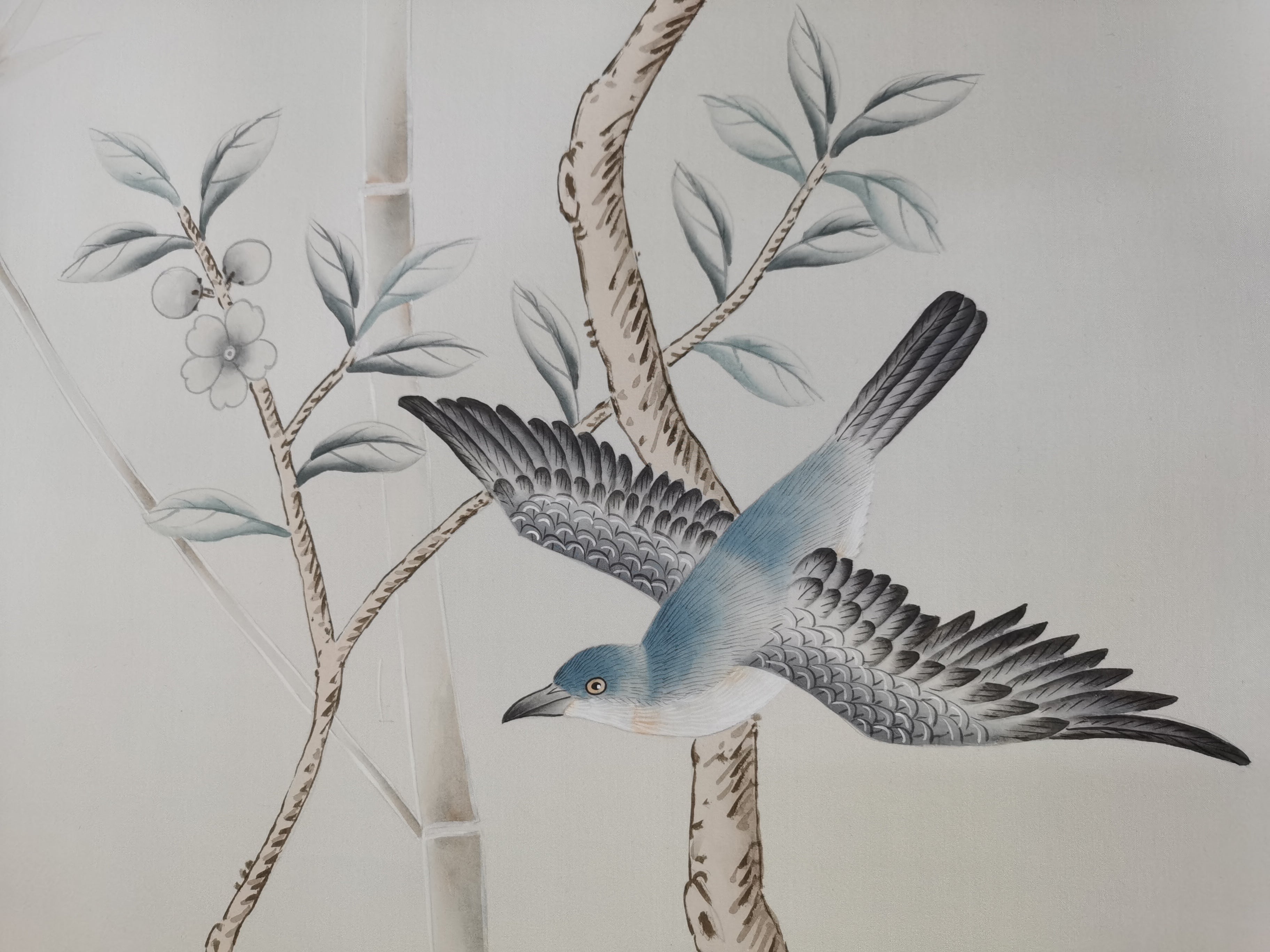 G-003 Chinoiserie Handpainted Wallpaper on Light Gray Silk SP-15