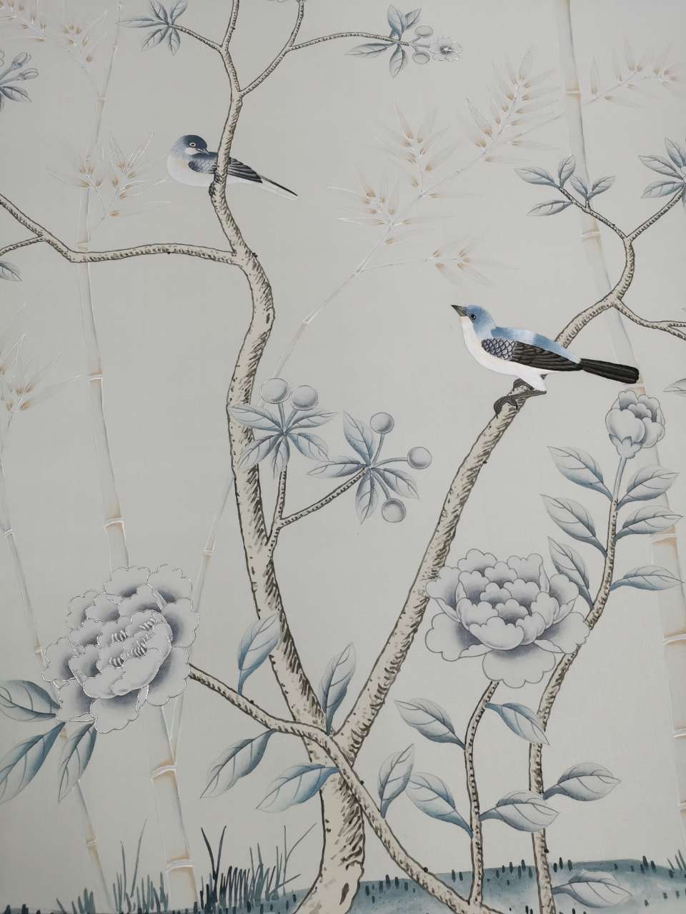 Chinoiserie Handpainted Wallpaper on Light Grey Silk SP-15 with Partial Hand Embroidery Custom Size Available