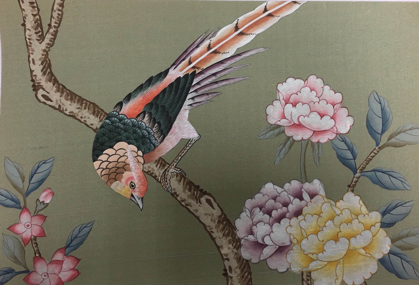 G-004 Peach Blossom Garden in Green Slub Silk