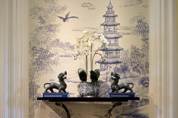 Custom-made Chinoiserie hand-painted wallpaper with intricate floral and bird motifs, tailored to fit any wall size and color scheme.