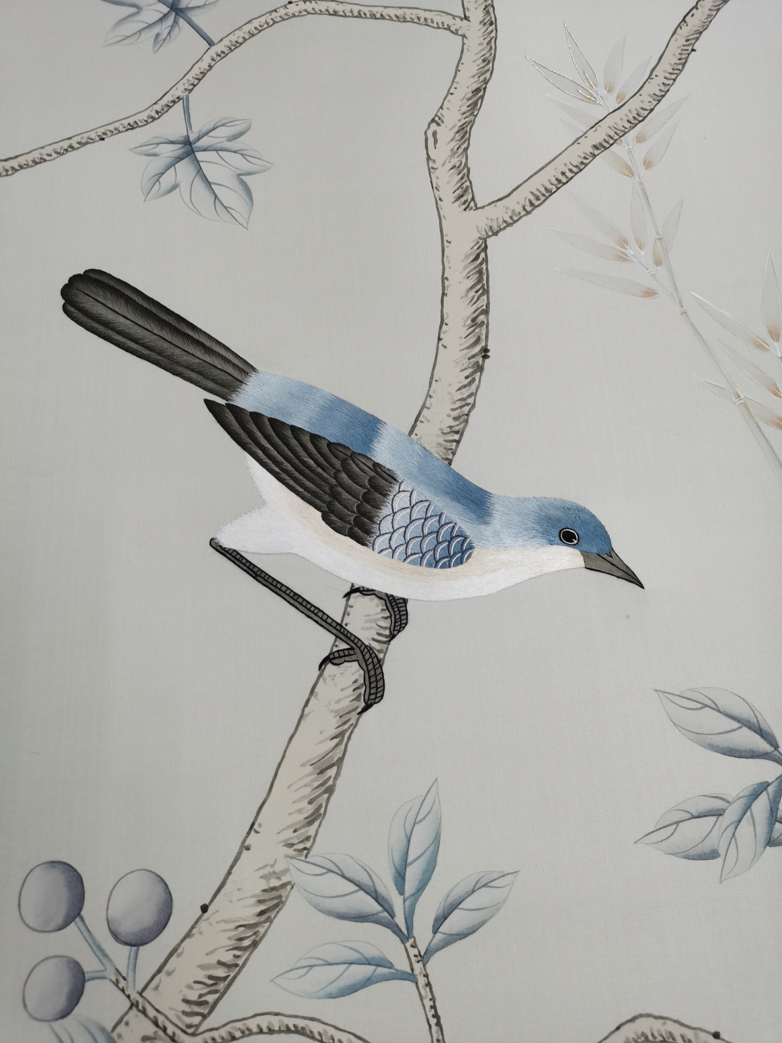 Chinoiserie Handpainted Wallpaper on Light Grey Silk SP-15 with Partial Hand Embroidery Custom Size Available