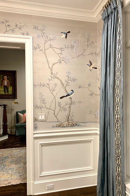 Chinoiserie Handpainted Wallpaper on Grey Silk with Partial Hand Embroidery Custom Size Available