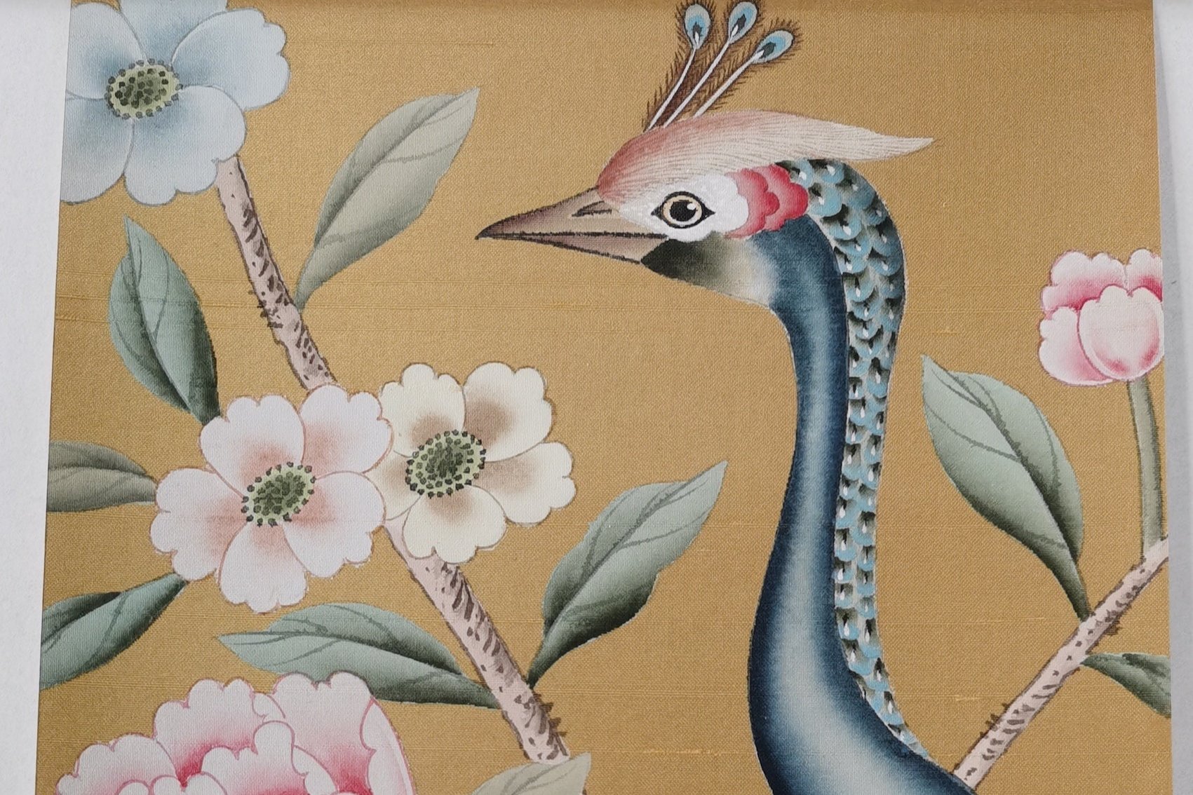 SAMPLE in STOCK for G-015 Peacock and Peony Handpainted Wallpaper 12" x 8"