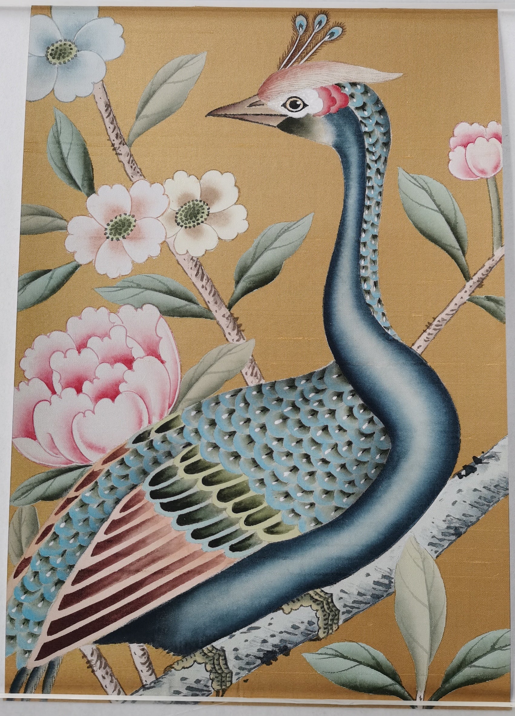 SAMPLE in STOCK for G-015 Peacock and Peony Handpainted Wallpaper 12" x 8"