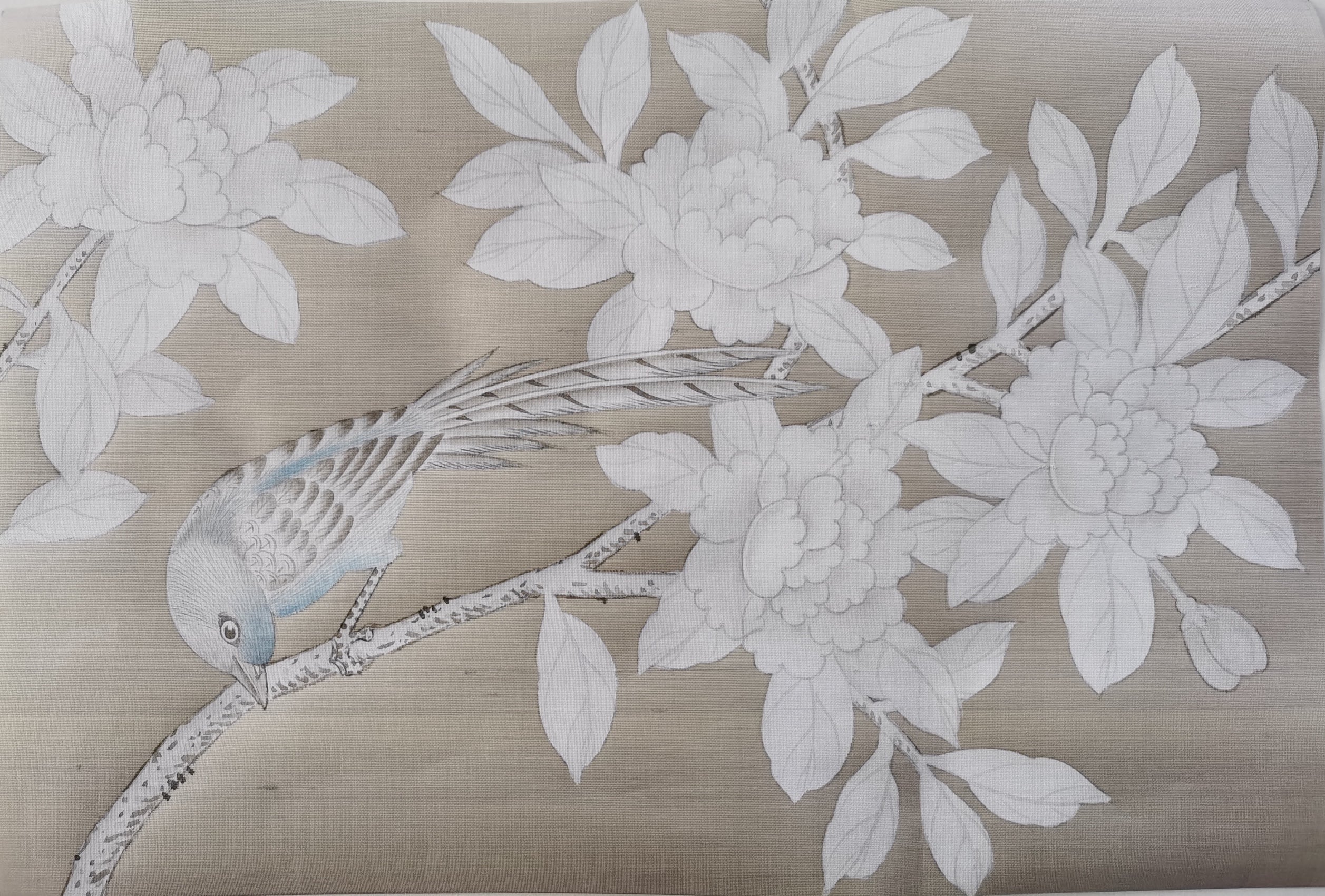 SAMPLE IN STOCK for Lingering Garden Chinoiserie Handpainted Wallpaper 12" x 8"