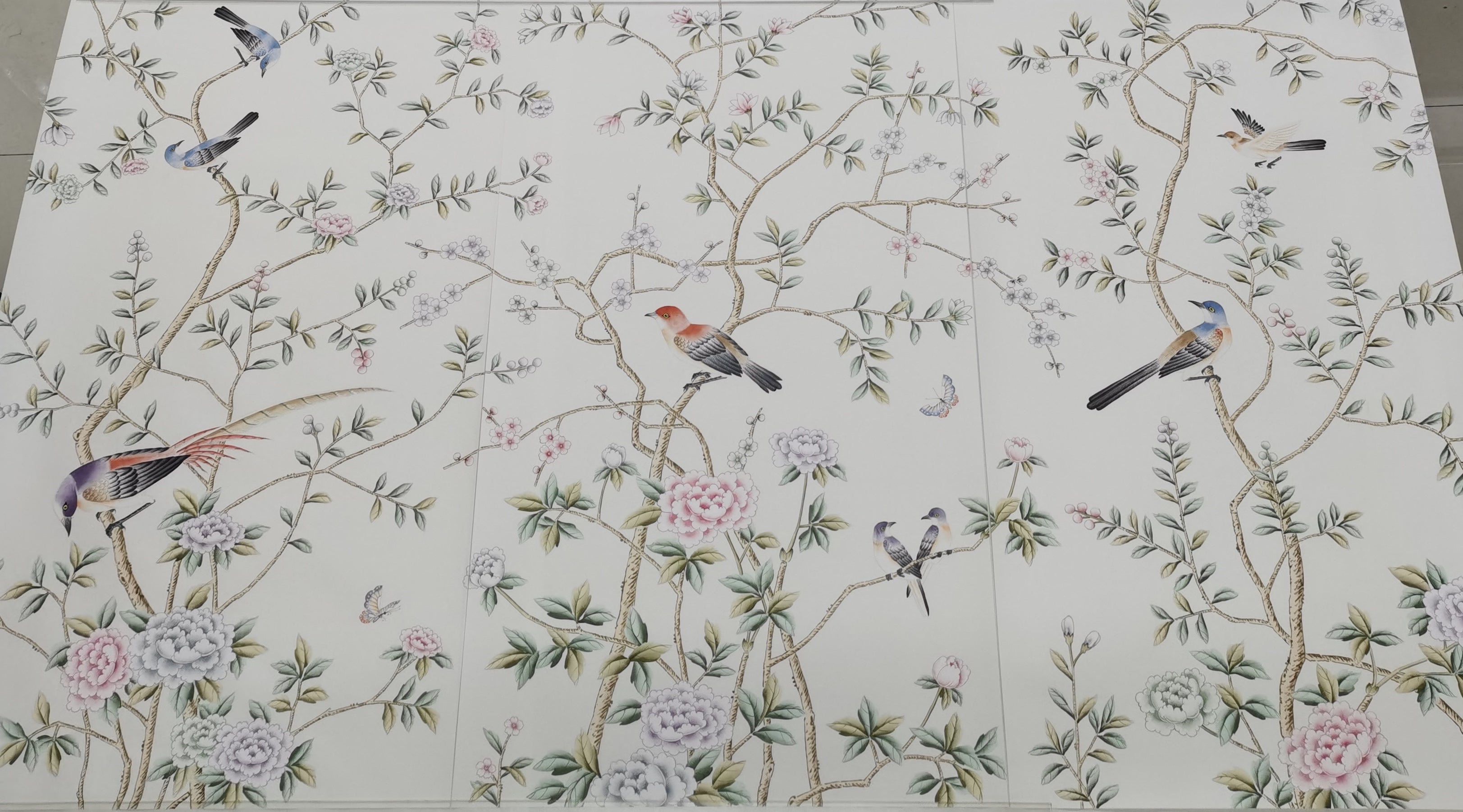 24" x 42" Chinoiserie Handpainted Artwork on White Silk SP-3 Without Frame