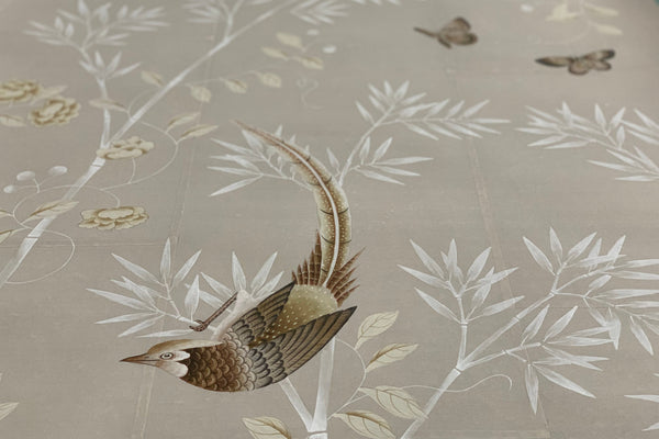 Custom-made Chinoiserie hand-painted wallpaper with intricate floral and bird motifs, tailored to fit any wall size and color scheme.