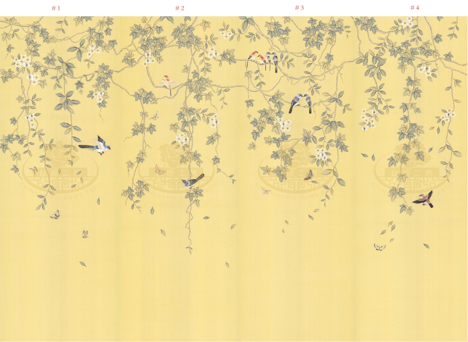 G-016 Birds and Vines: Chinoiserie Handpainted Wallpaper with Partial Hand Embroidery on Yellow Silk SP-14