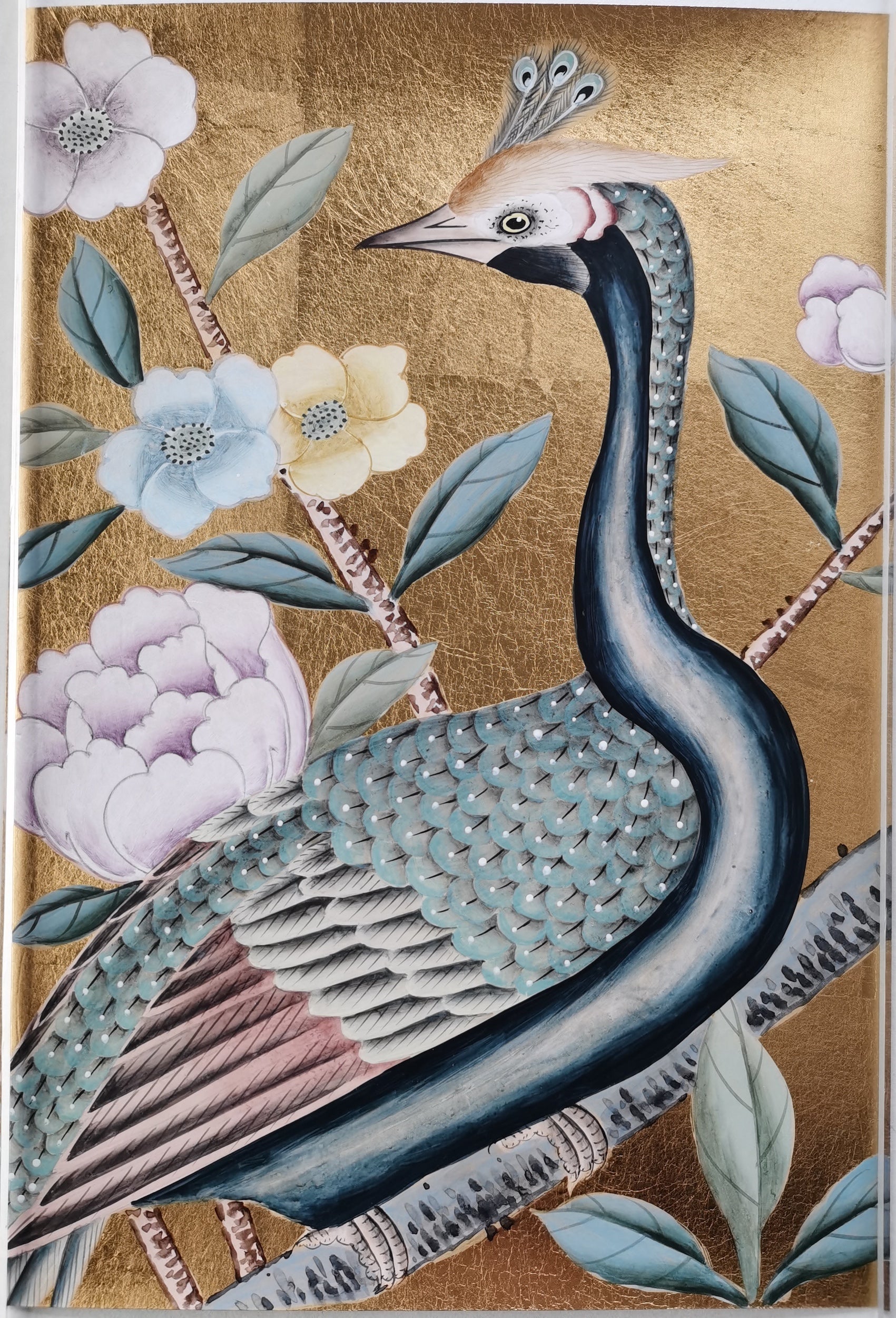 SAMPLE in STOCK for G-015 Peacock and Peony Handpainted Wallpaper 12" x 8"