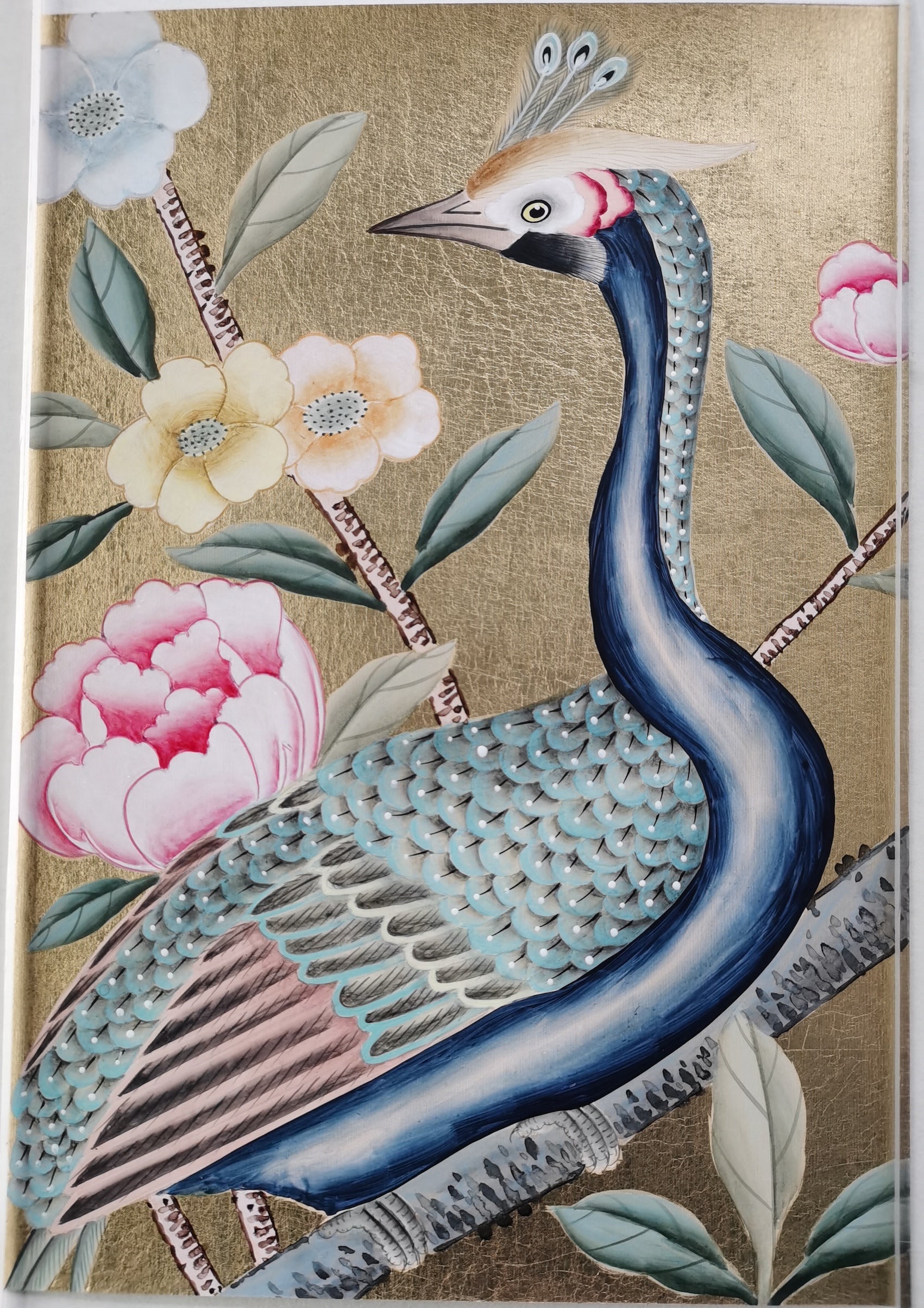 SAMPLE in STOCK for G-015 Peacock and Peony Handpainted Wallpaper 12" x 8"