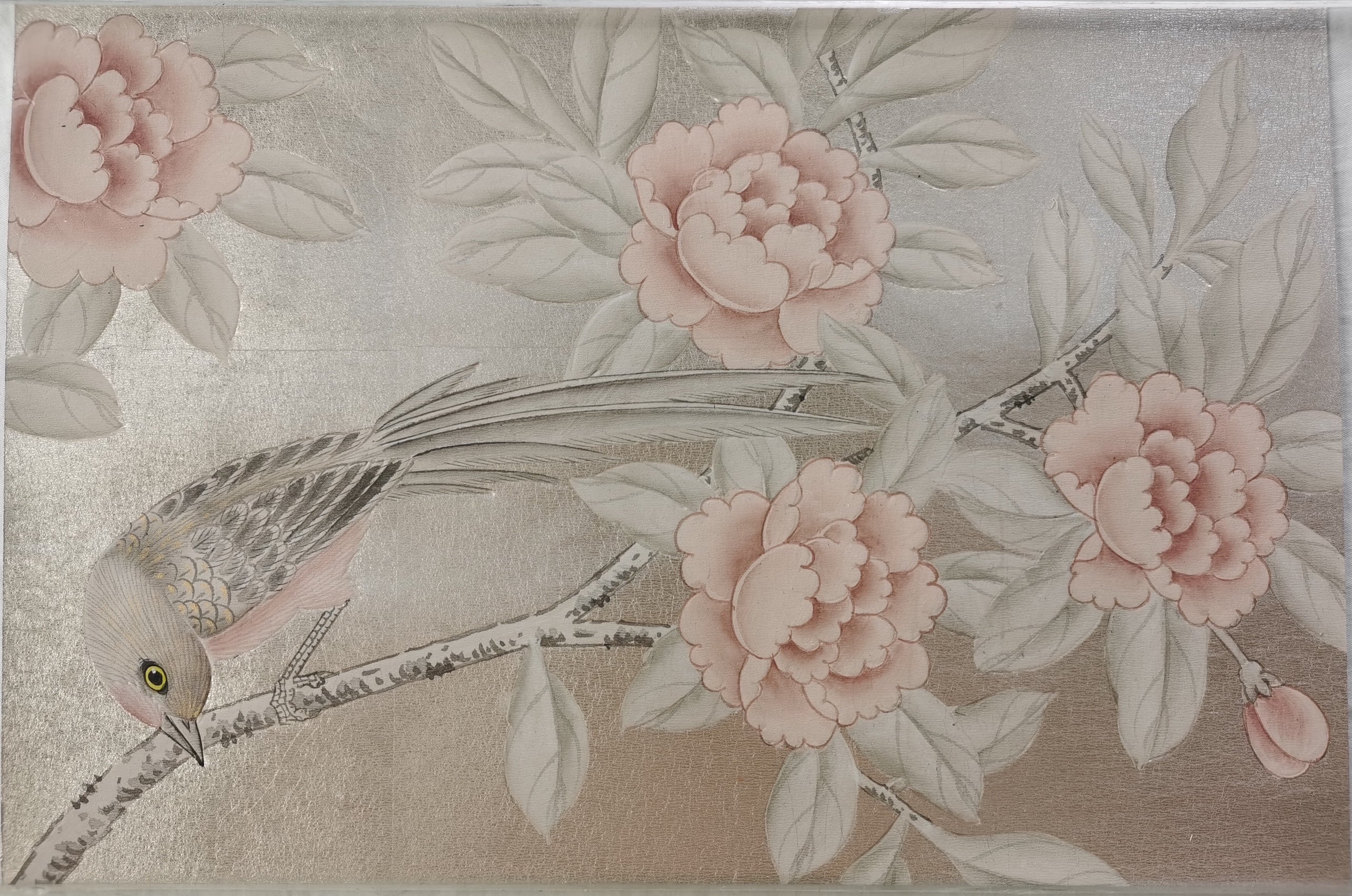 SAMPLE IN STOCK for Lingering Garden Chinoiserie Handpainted Wallpaper 12" x 8"