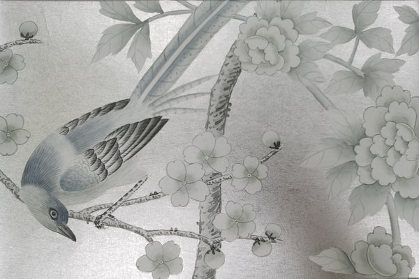 G-005 Sample IN STOCK for Chinoiserie Handpainted Wallpaper 12" x 8" on Silver Metallic Leaf ML-3