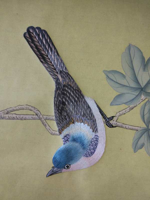 G-016 Birds and Vines: Chinoiserie Handpainted Wallpaper with Partial Hand Embroidery on Yellow Silk SP-14