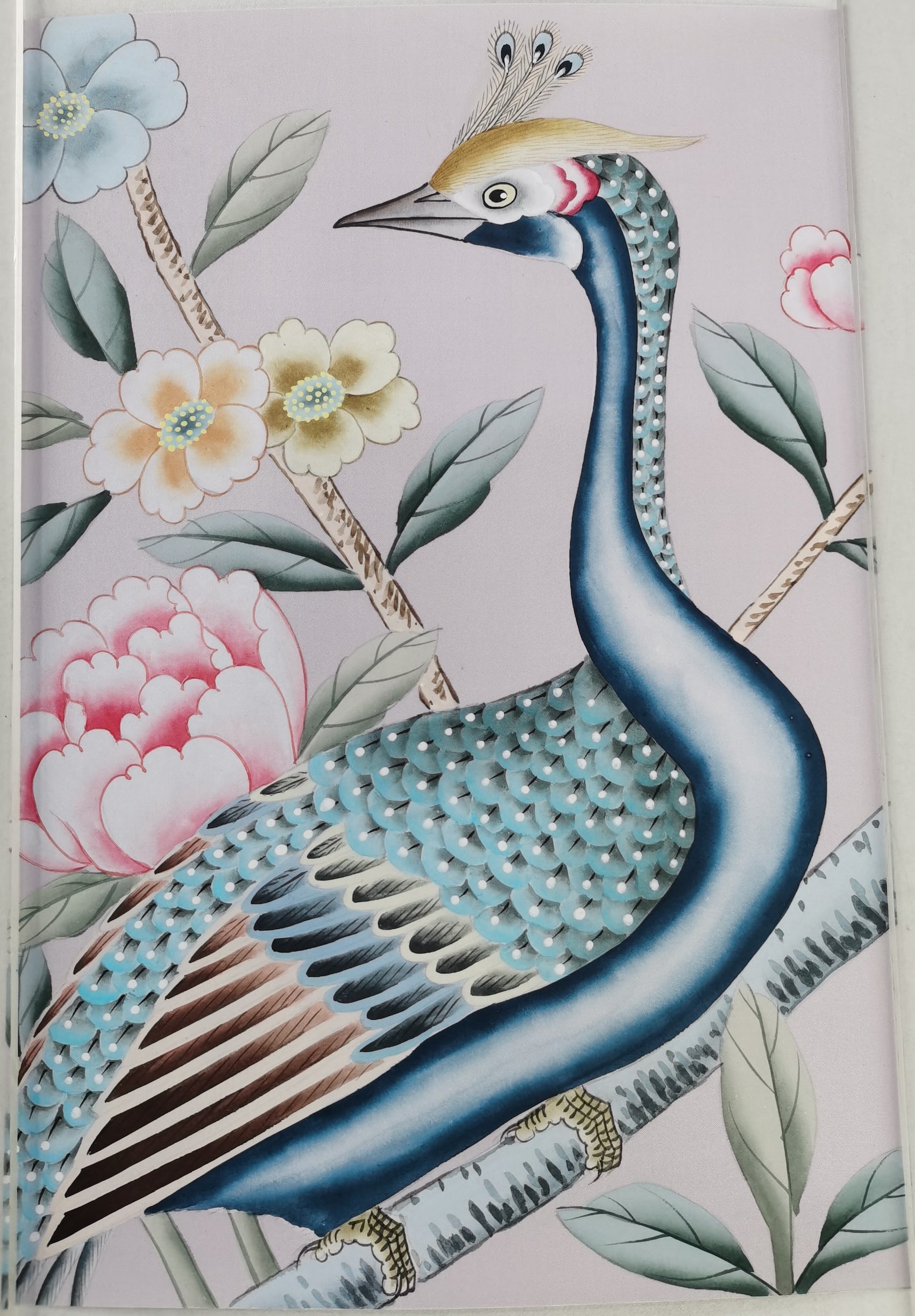 SAMPLE in STOCK for G-015 Peacock and Peony Handpainted Wallpaper 12" x 8"