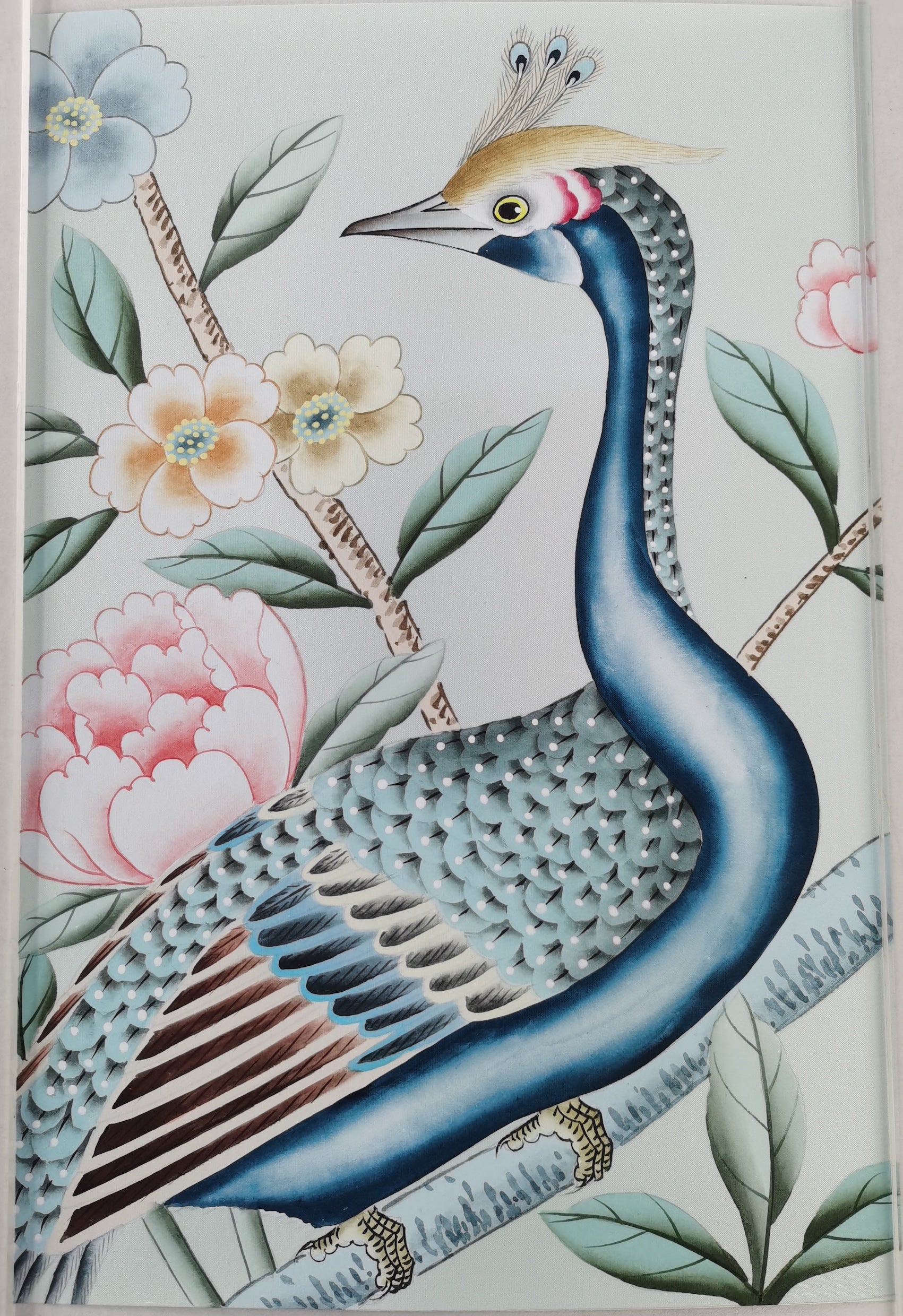 SAMPLE in STOCK for G-015 Peacock and Peony Handpainted Wallpaper 12" x 8"