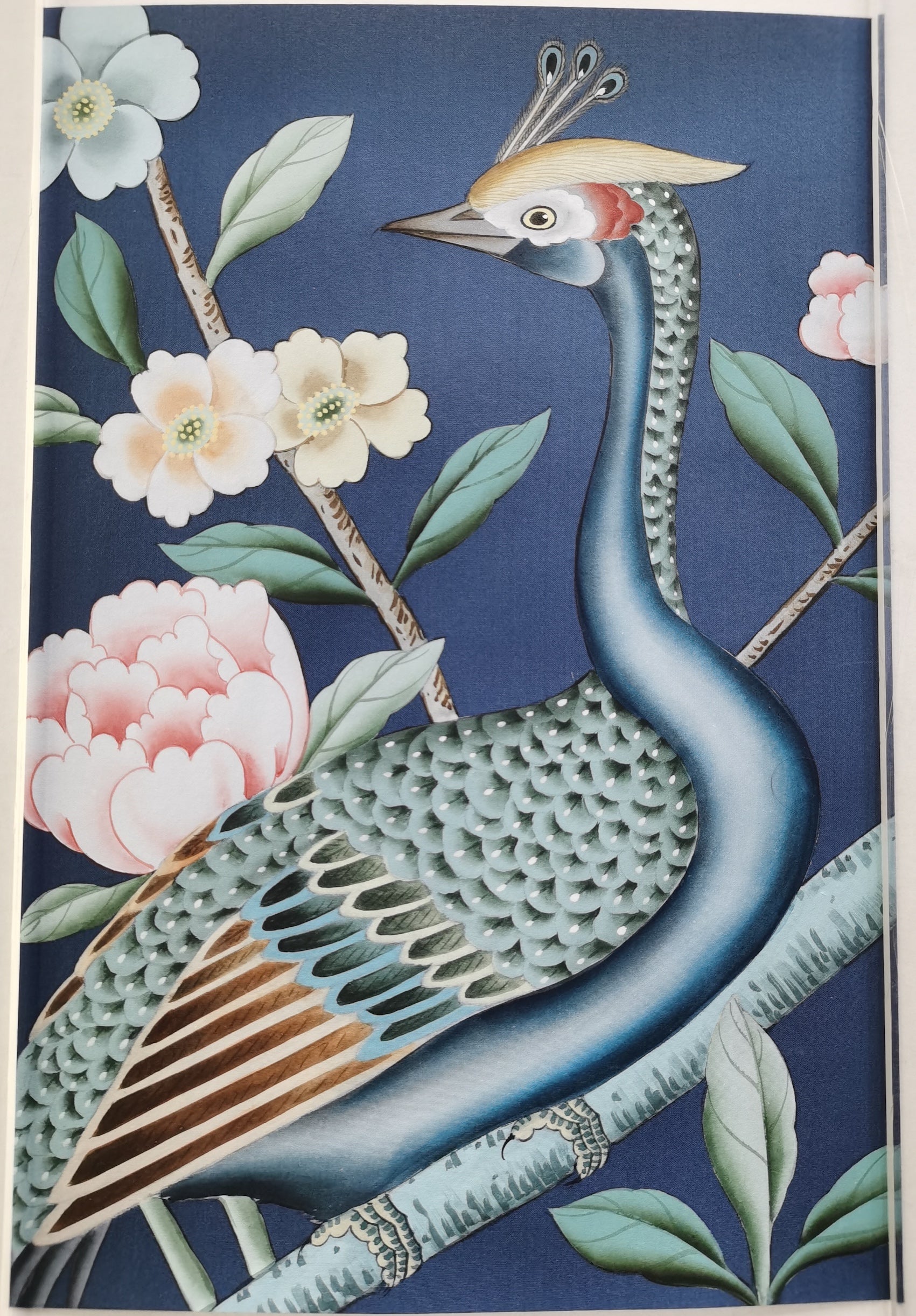 SAMPLE in STOCK for G-015 Peacock and Peony Handpainted Wallpaper 12" x 8"