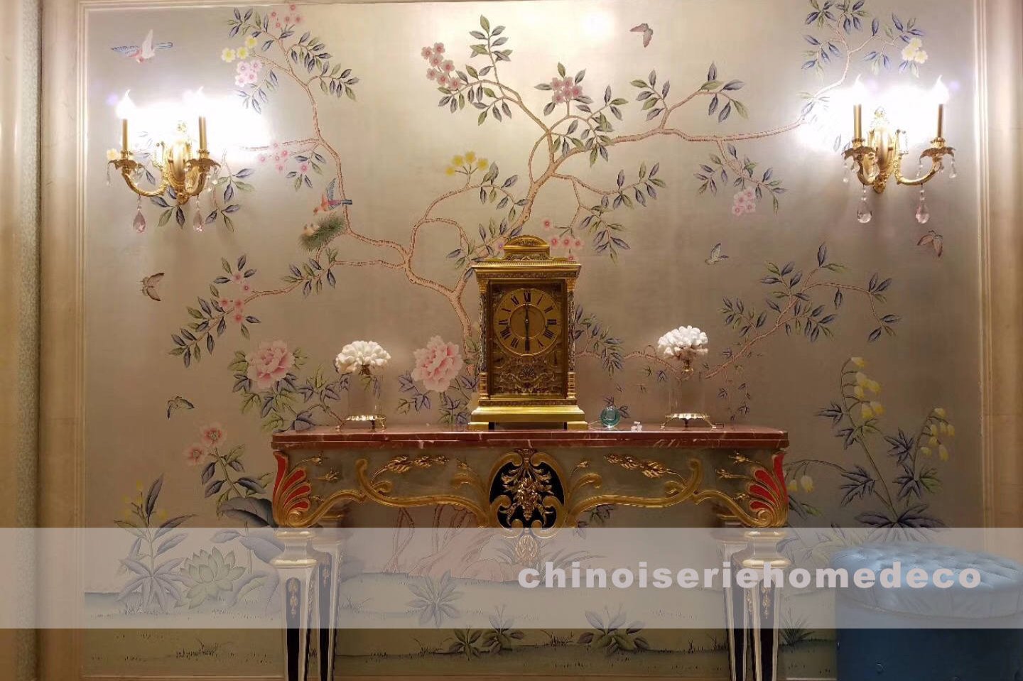 G-008 Fragrance Garden: Chinoiserie Handpainted Wallpaper on Champagne Metallic leaf ML-17