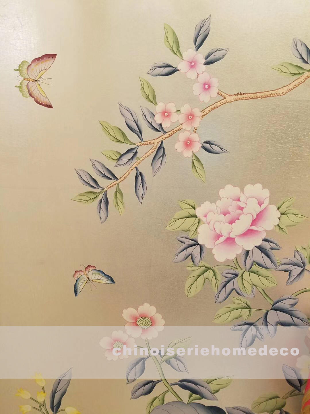 G-008 Fragrance Garden: Chinoiserie Handpainted Wallpaper on Champagne Metallic leaf ML-17