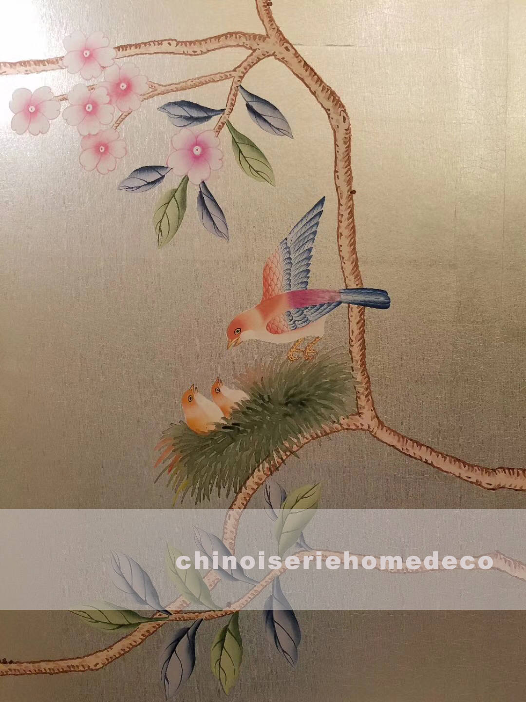 G-008 Fragrance Garden: Chinoiserie Handpainted Wallpaper on Champagne Metallic leaf ML-17