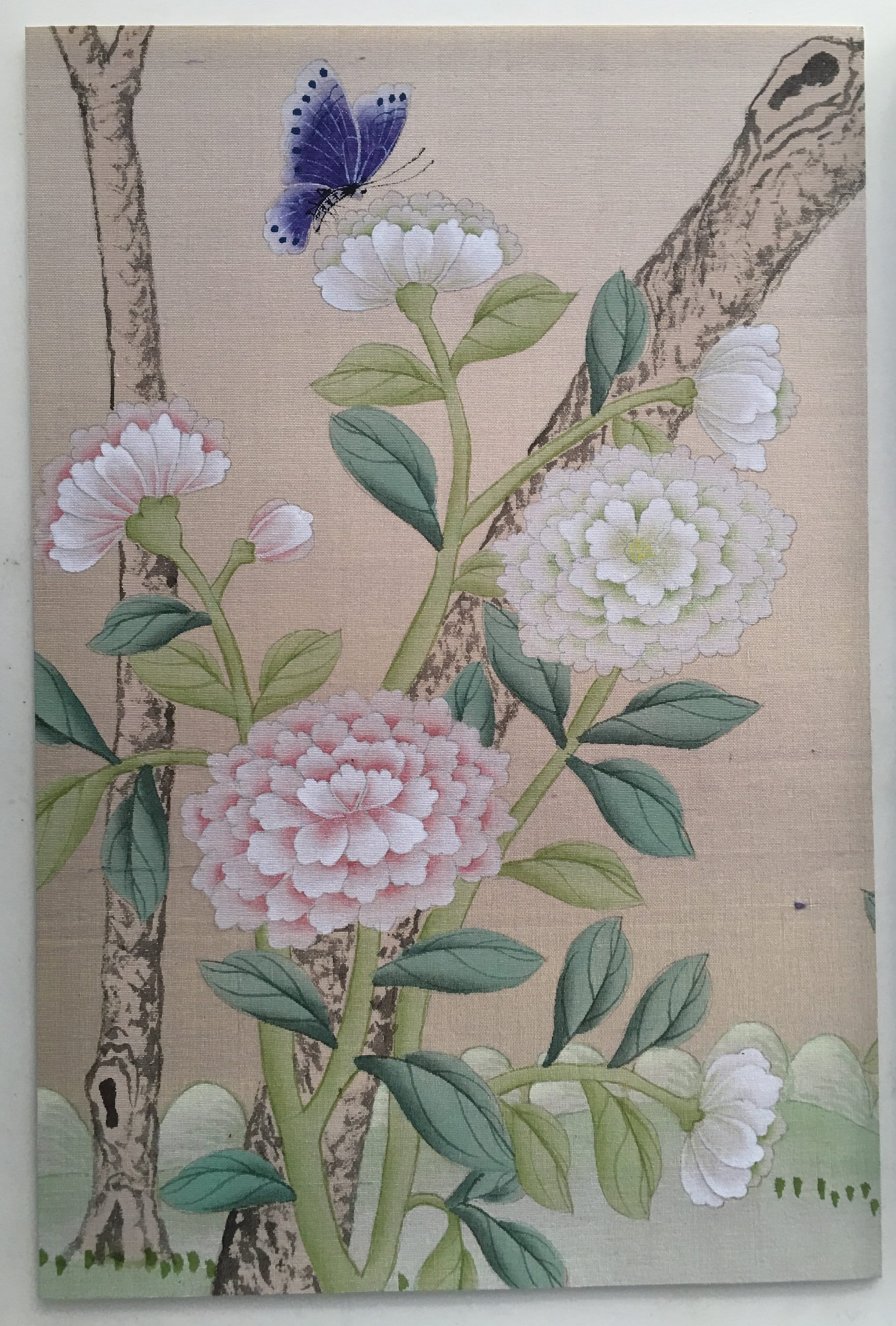 G-006 SAMPLE in STOCK for Chinoiserie Handpainted Wallpaper on Purple Silk CS-17