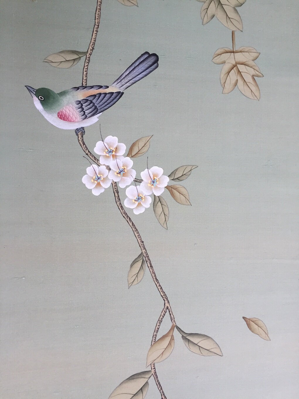 G-016 Birds and Vines Chinoiserie Handpainted Silk Wallpaper on Green Silk