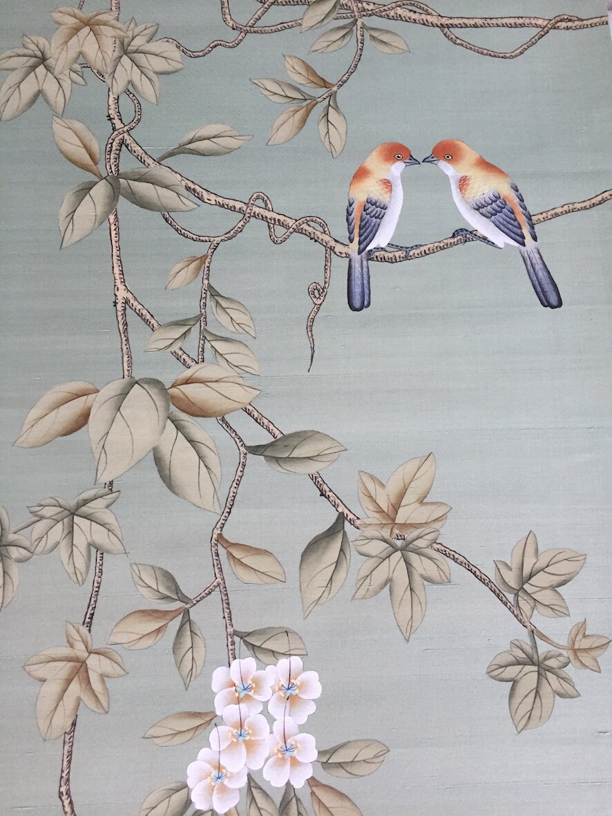 G-016 Birds and Vines Chinoiserie Handpainted Silk Wallpaper on Green Silk