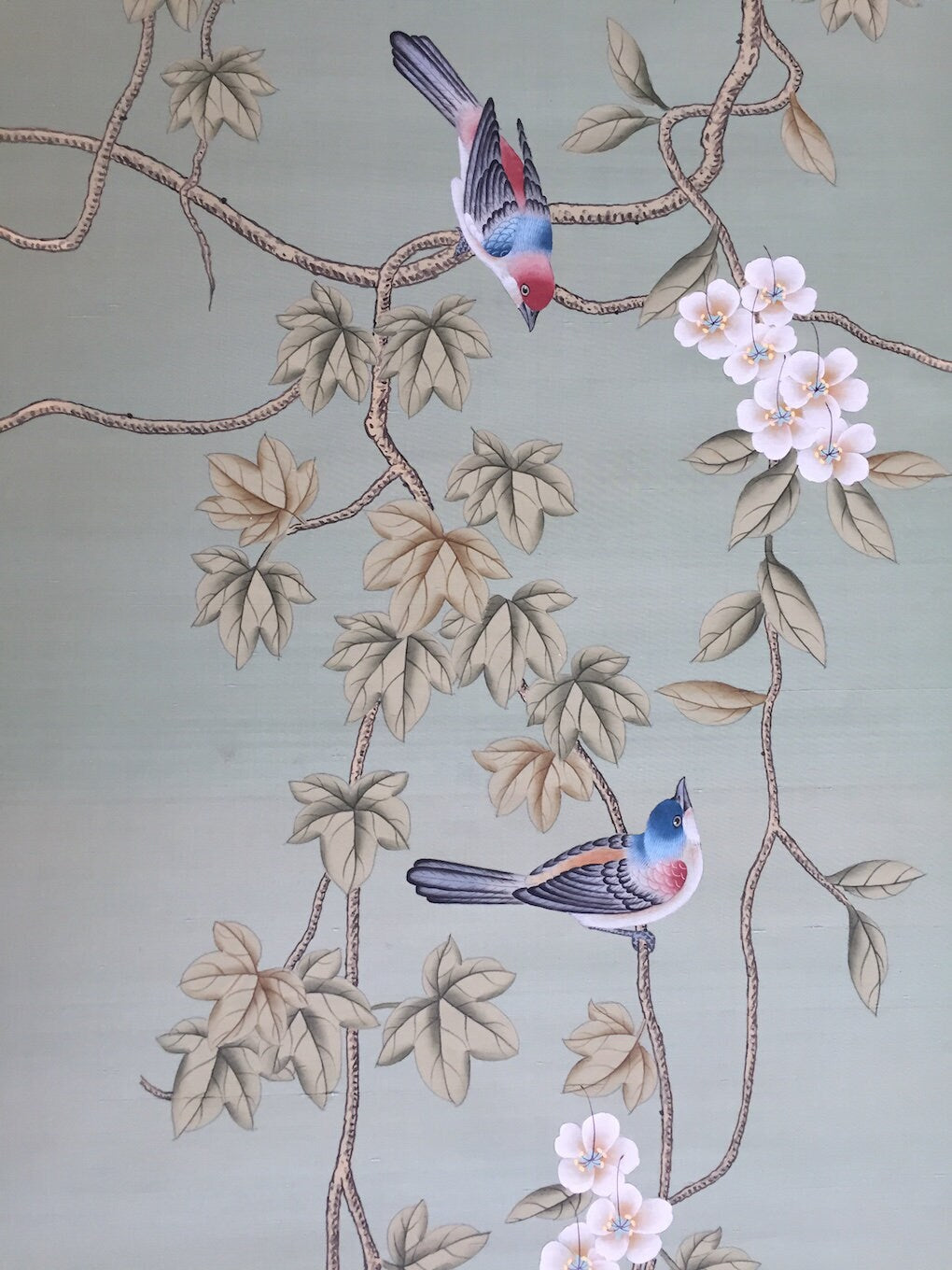 G-016 Birds and Vines Chinoiserie Handpainted Silk Wallpaper on Green Silk