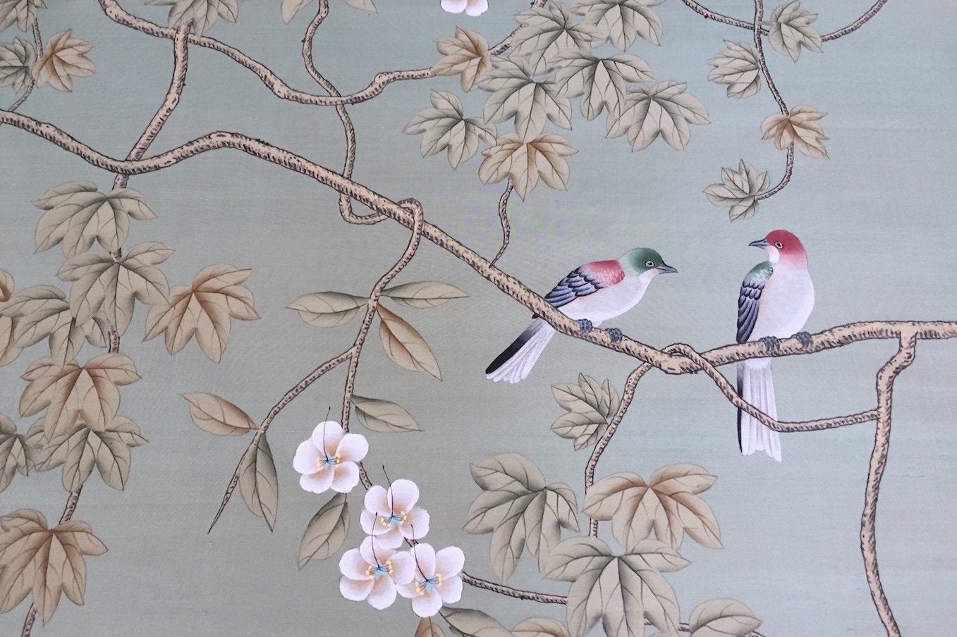 G-016 Birds and Vines Chinoiserie Handpainted Silk Wallpaper on Green Silk