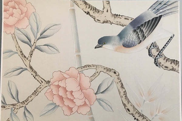 Custom-made Chinoiserie hand-painted wallpaper with intricate floral and bird motifs, tailored to fit any wall size and color scheme.