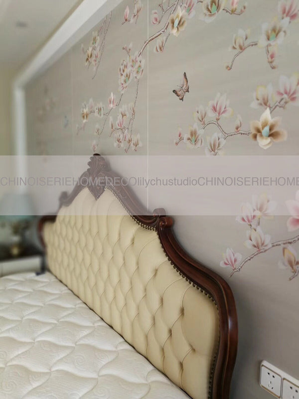 Magnolia: Chinoiserie Handpainted Wallpaper with Partial Hand Embroidery Custom Size Available