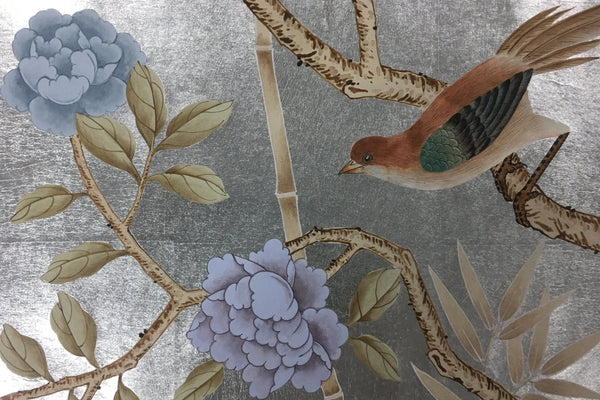 Custom-made Chinoiserie hand-painted wallpaper with intricate floral and bird motifs, tailored to fit any wall size and color scheme.