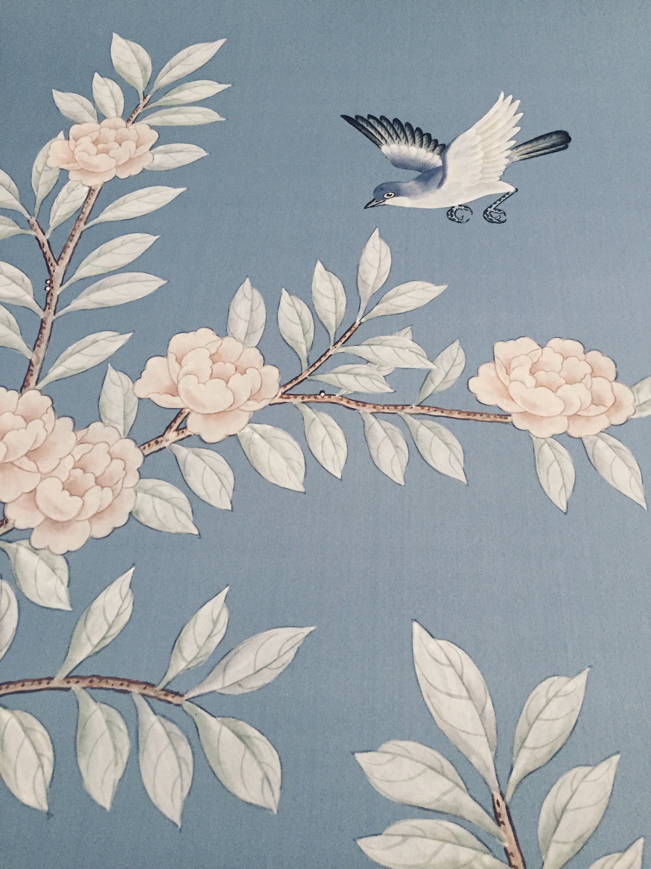 SAMPLE IN STOCK for Chinoiserie Handpainted Artwork on Sky Blue Silk SP-22