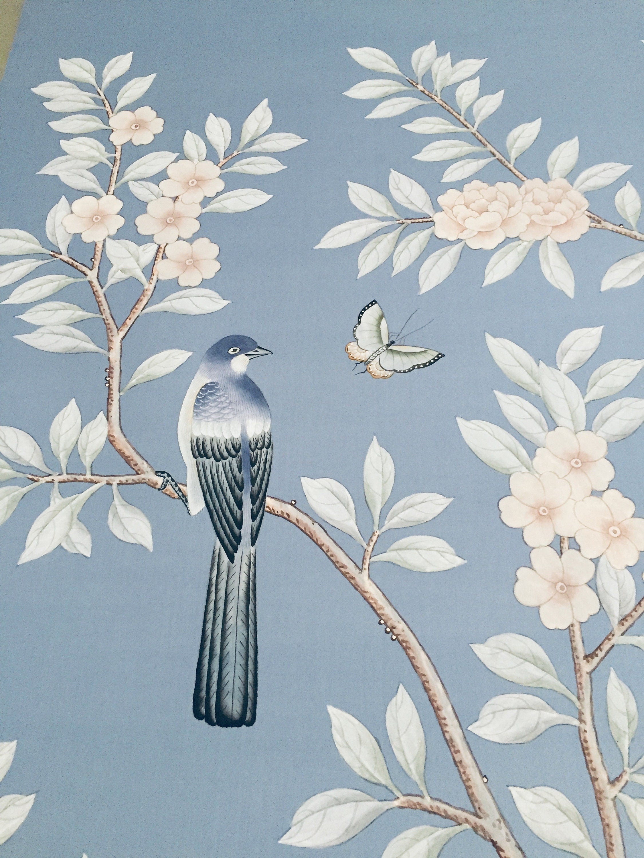 SAMPLE IN STOCK for Chinoiserie Handpainted Artwork on Sky Blue Silk SP-22