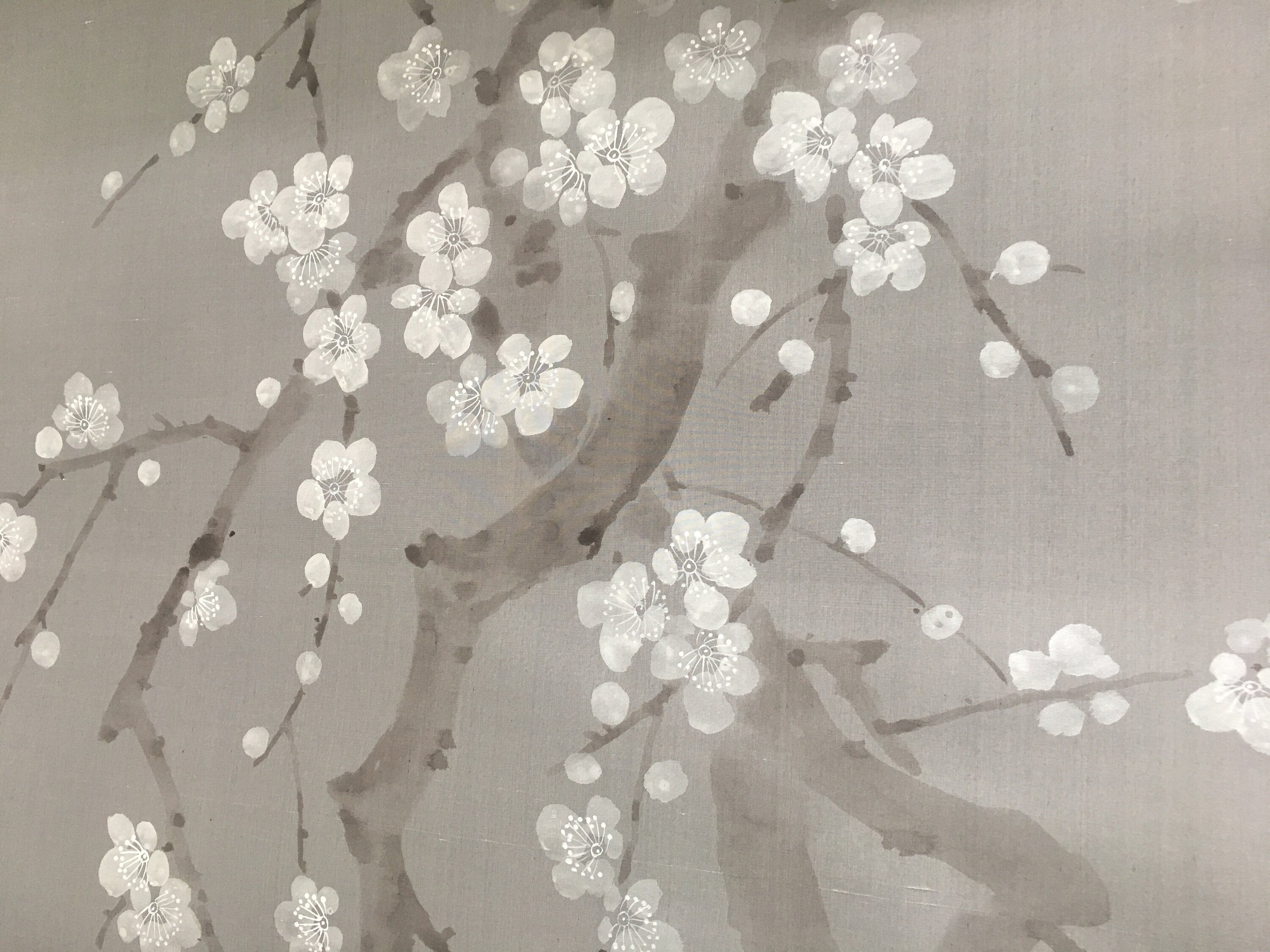 G-018 Plum Blossom in Unconscious Style on Deep Gray Slub Silk, Custom Size Available