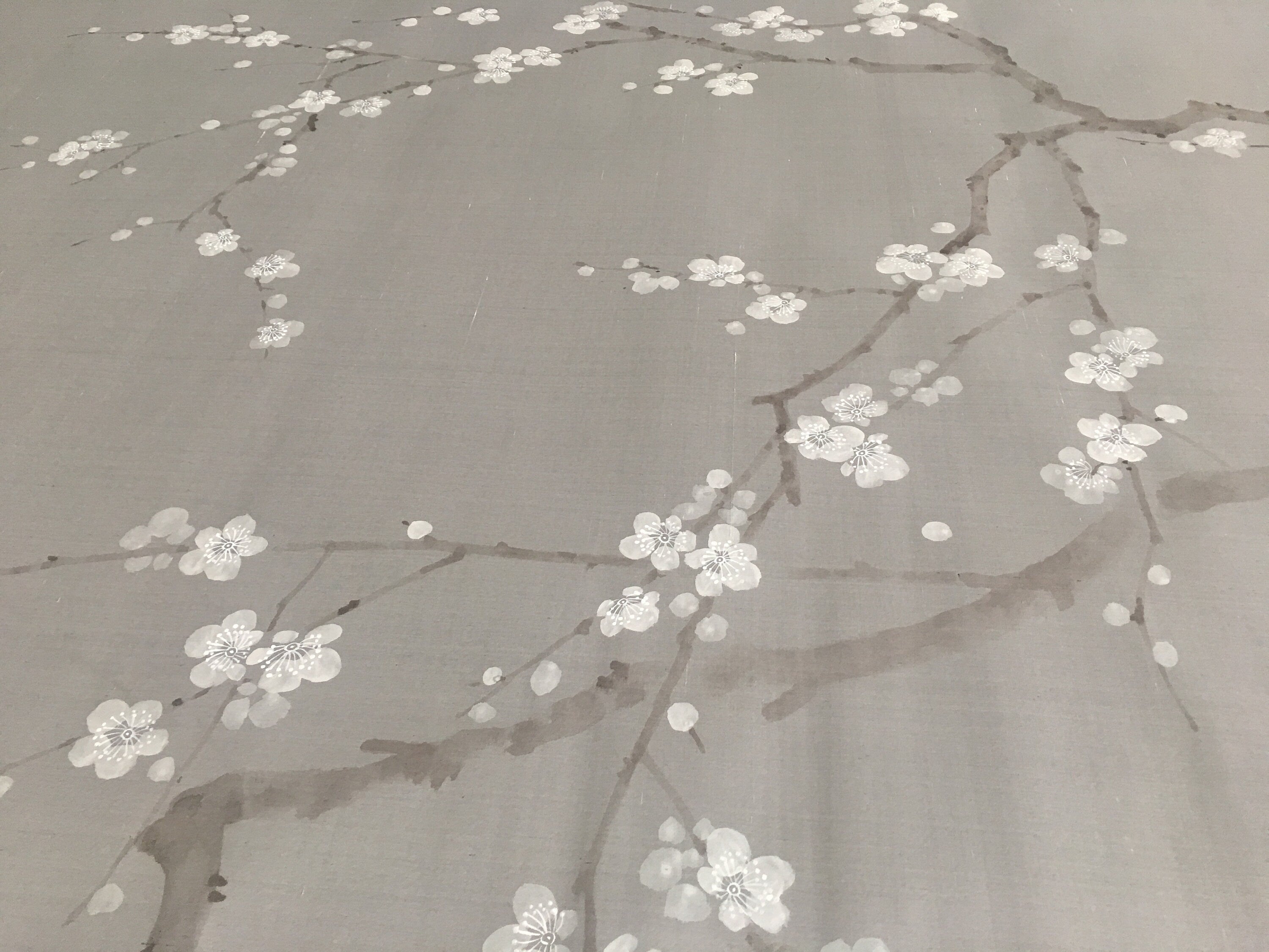 G-018 Plum Blossom in Unconscious Style on Deep Gray Slub Silk, Custom Size Available