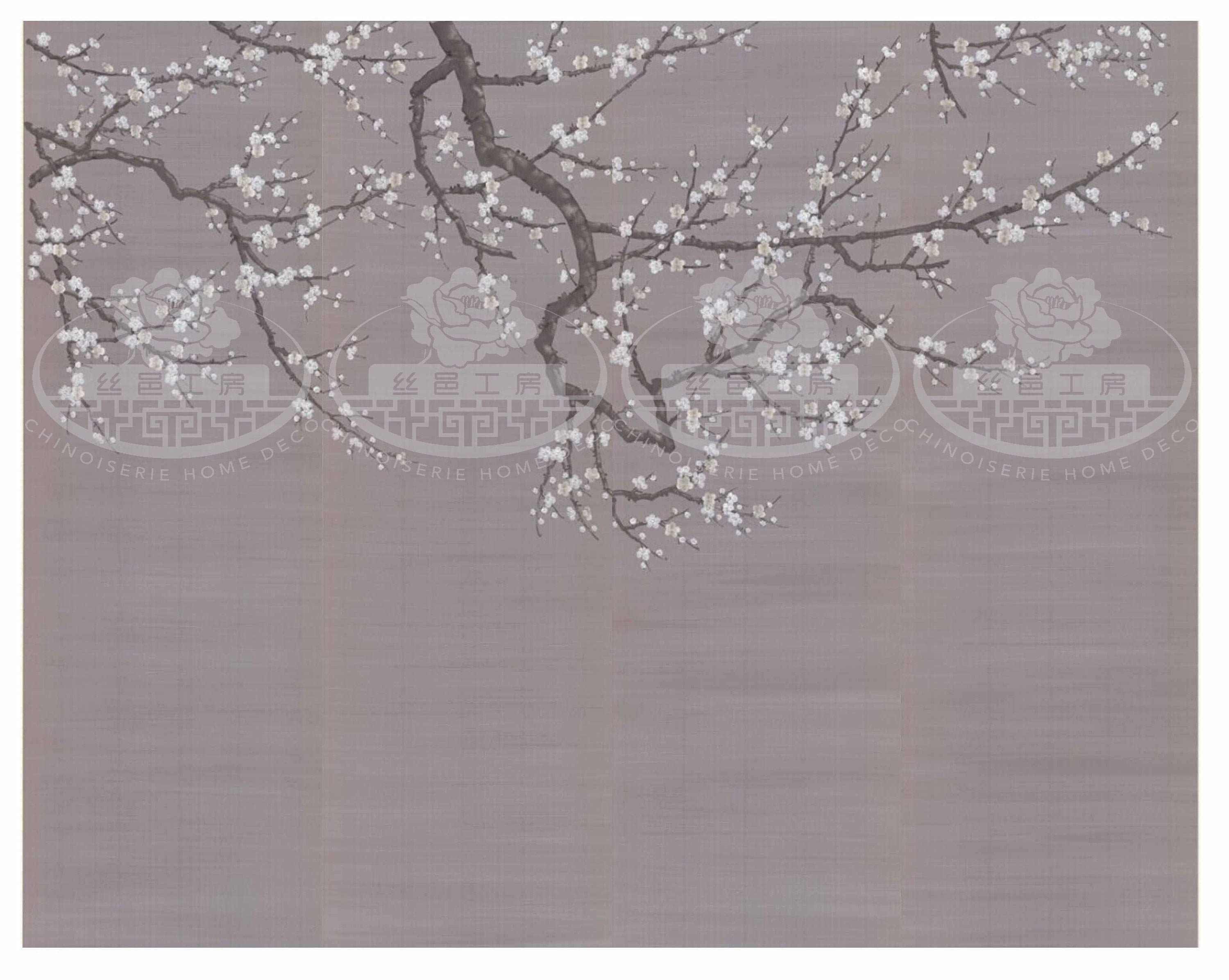 G-018 Plum Blossoms on SP-2 Silk with Hand Brushed Mica Effect Custom Size Available