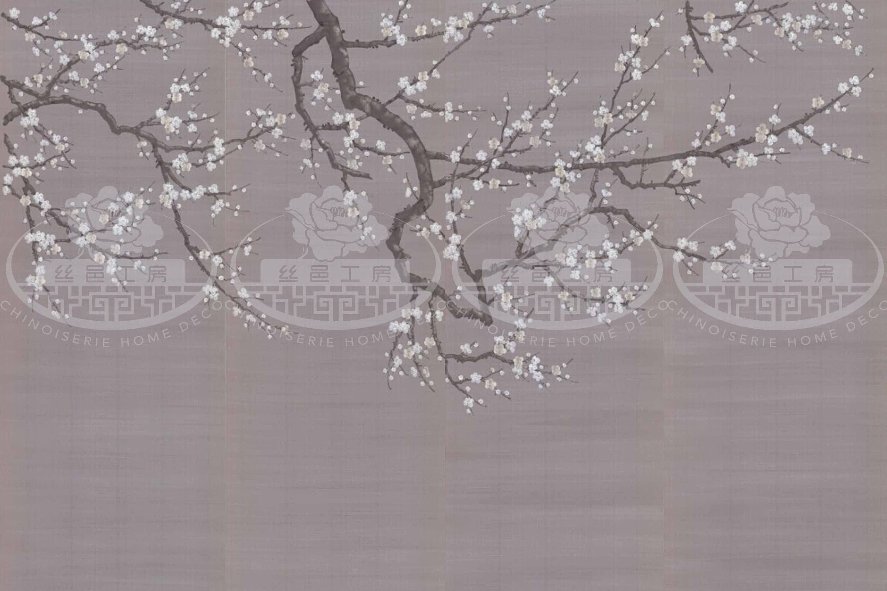 G-018 Plum Blossoms on SP-2 Silk with Hand Brushed Mica Effect Custom Size Available