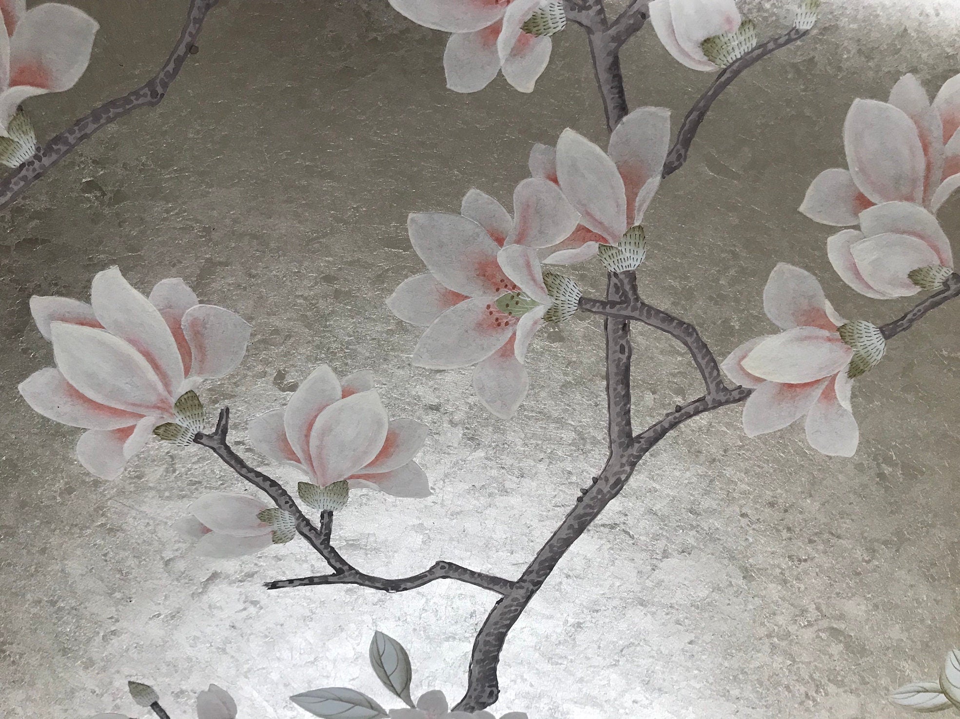 G-001 Magnolia and Cherry Blossoms on Silver Metallic Leaf Custom Size Available