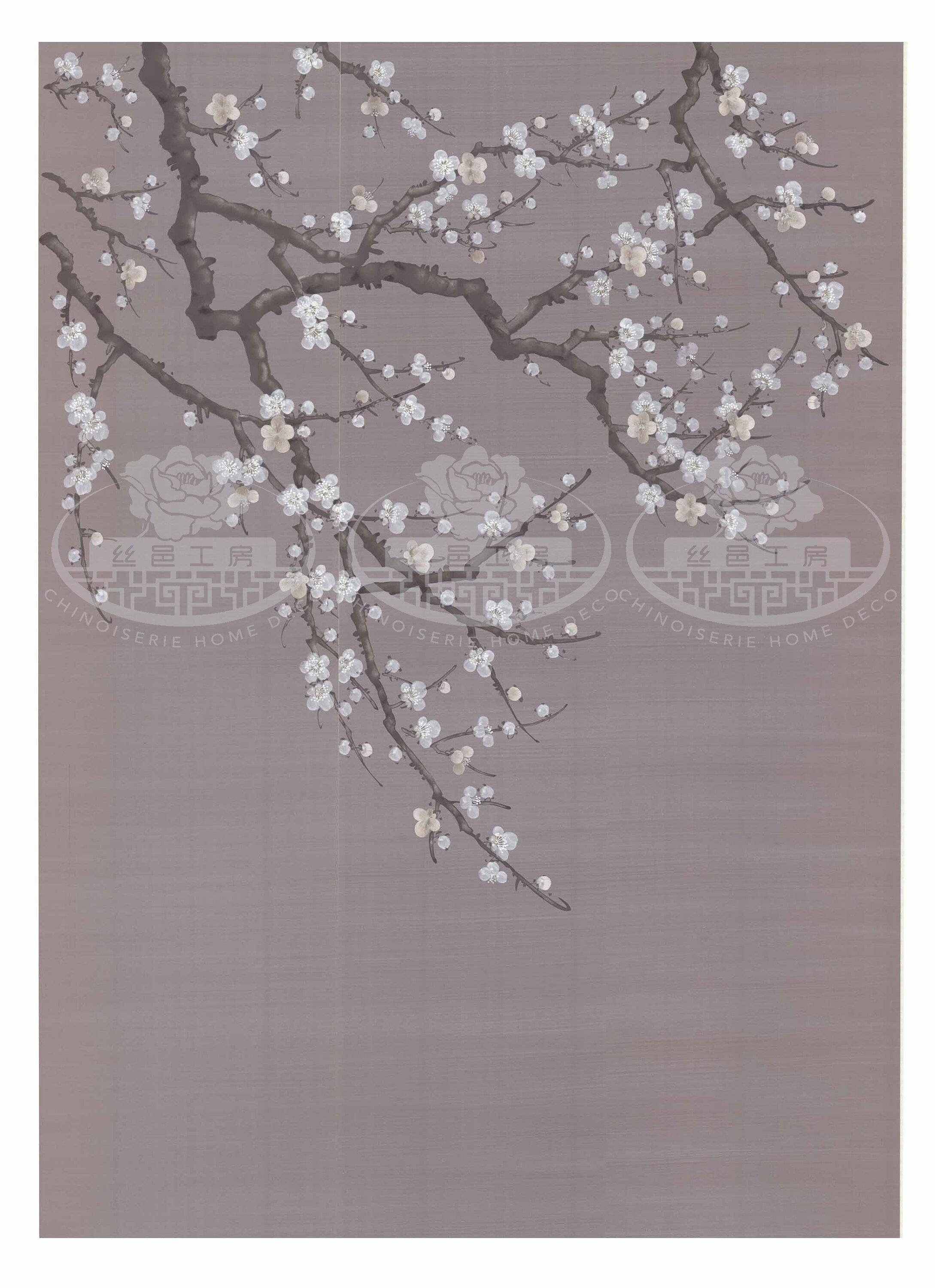 G-018 Plum Blossoms on SP-2 Silk with Hand Brushed Mica Effect Custom Size Available