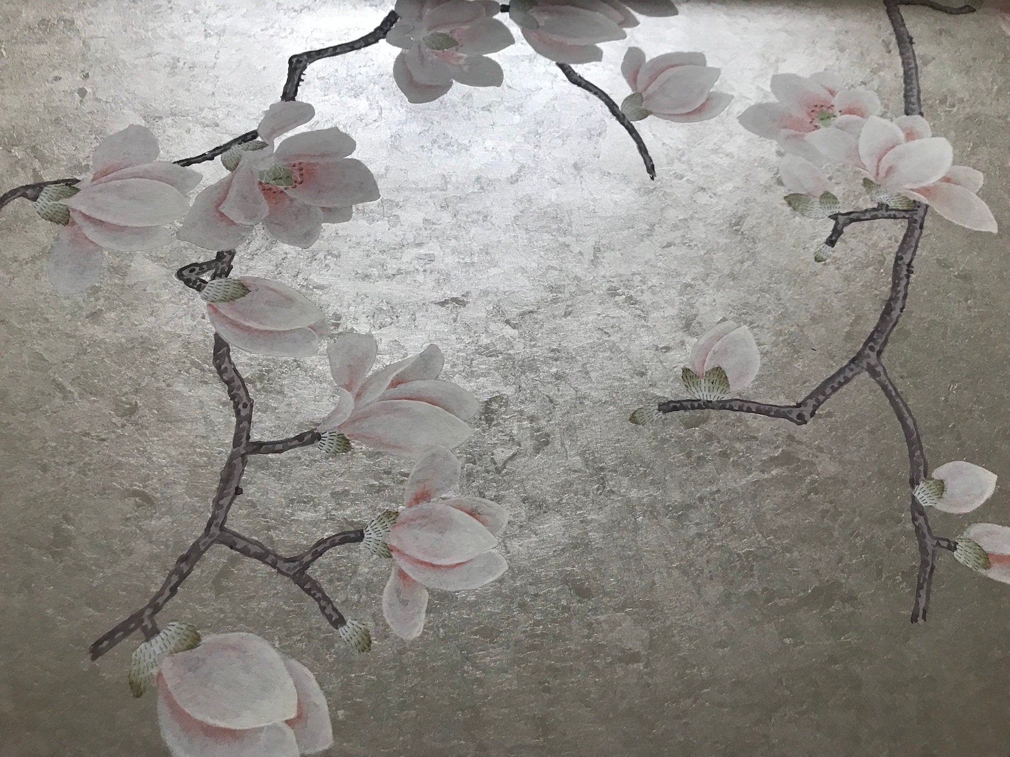 G-001 Magnolia and Cherry Blossoms on Silver Metallic Leaf Custom Size Available