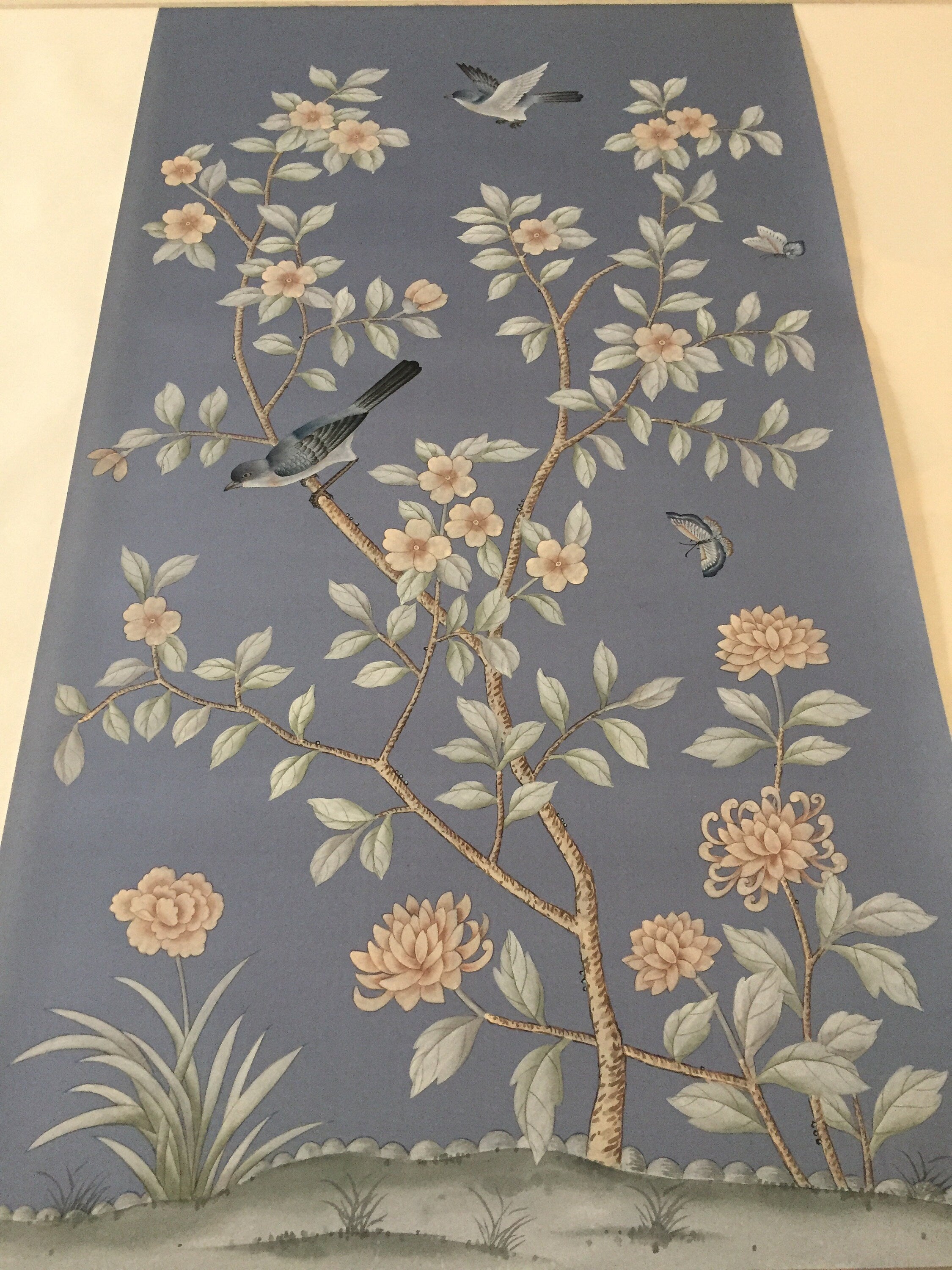 24" x 42" Chinoiserie Handpainted Silk Artwork on Sky Blue Spun Silk