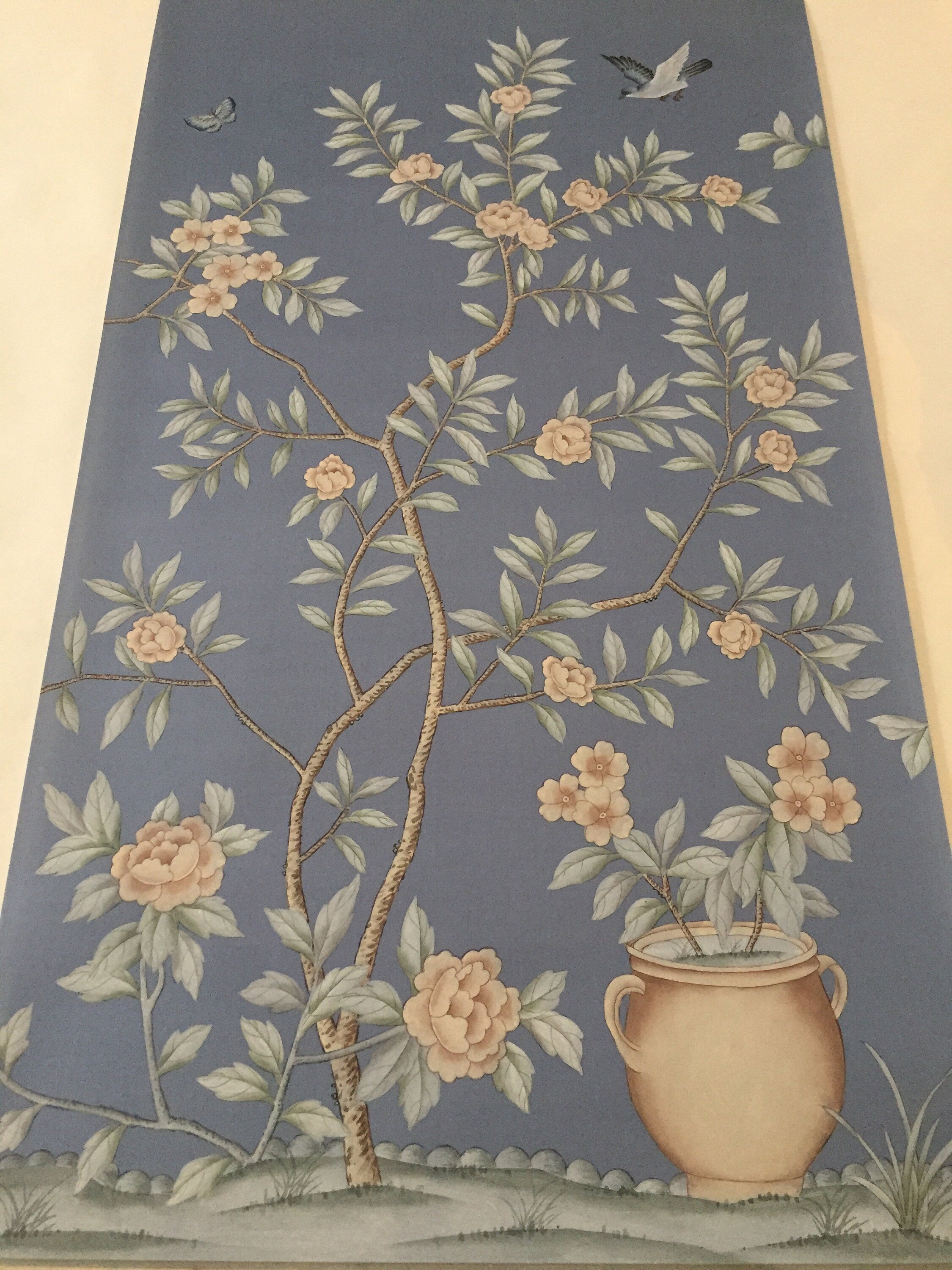 24" x 42" Chinoiserie Handpainted Silk Artwork on Sky Blue Spun Silk