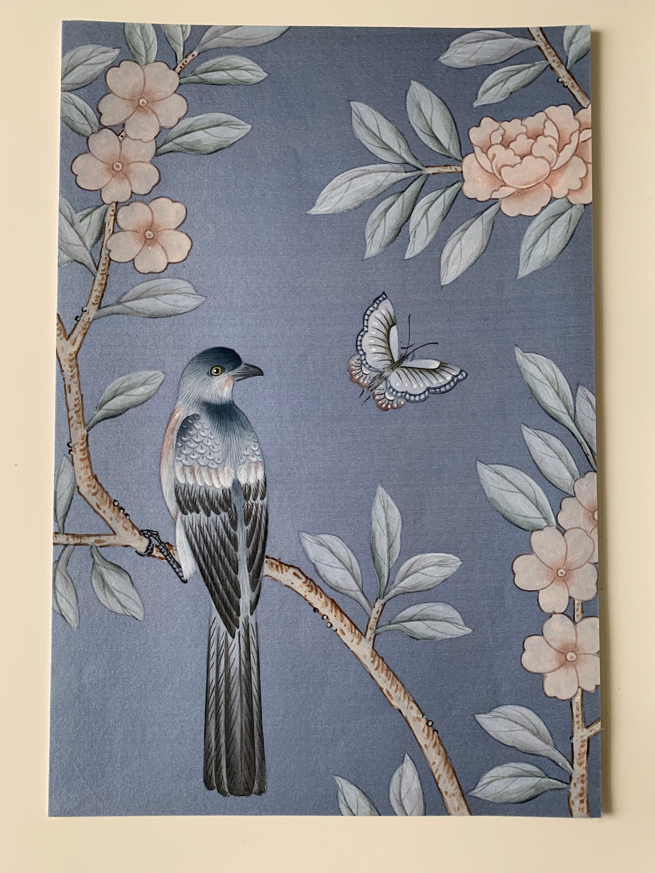 SAMPLE IN STOCK for Chinoiserie Handpainted Artwork on Sky Blue Silk SP-22