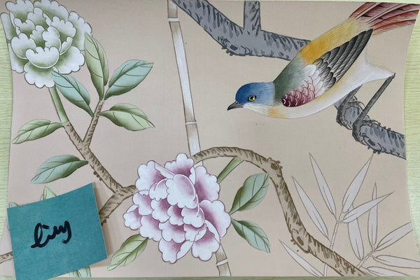 Custom-made Chinoiserie hand-painted wallpaper with intricate floral and bird motifs, tailored to fit any wall size and color scheme.