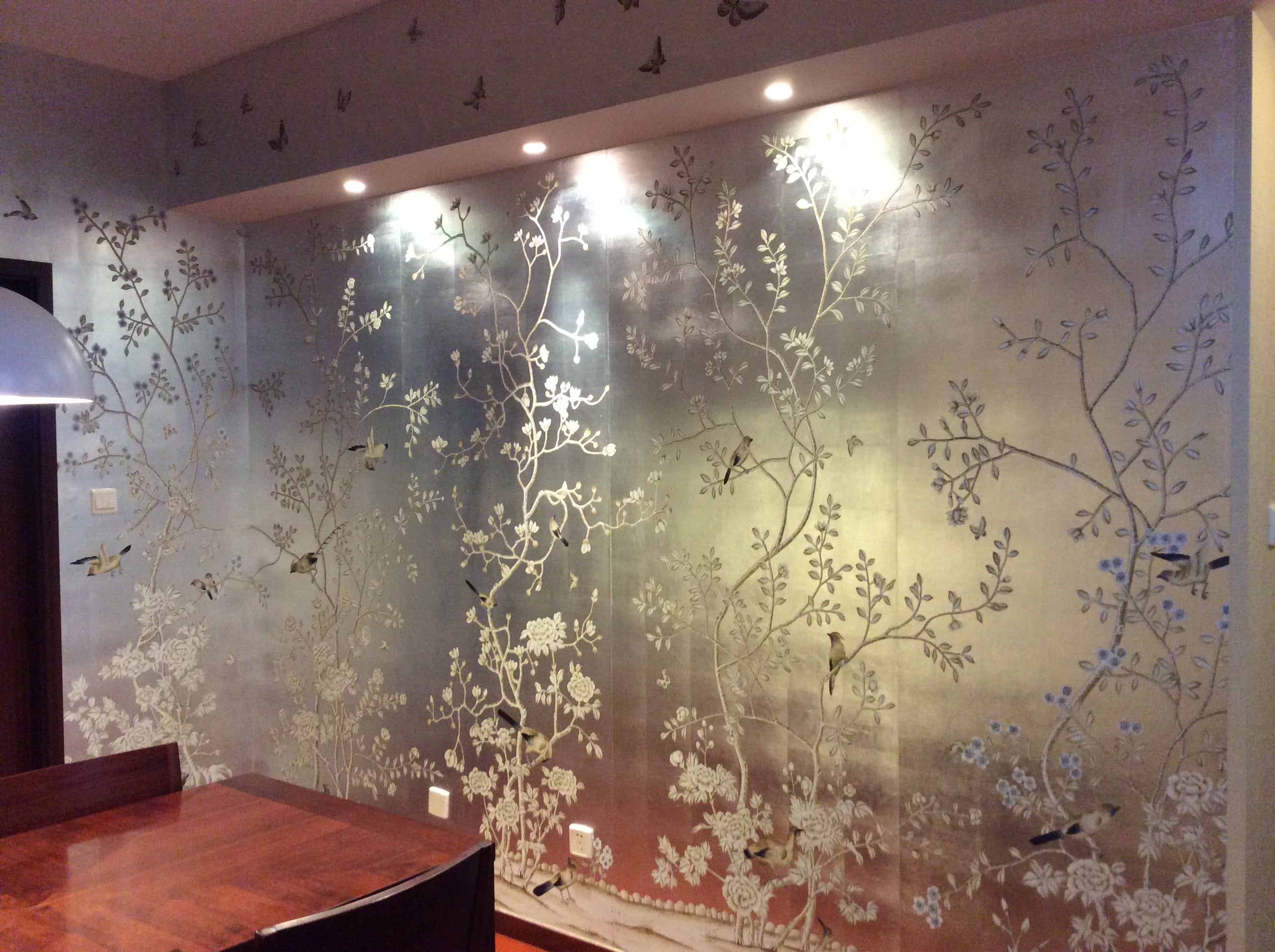 G-009 Cherry Blossom Garden Chinoiserie Handpainted Wallpaper on Silver Metallic Leaf